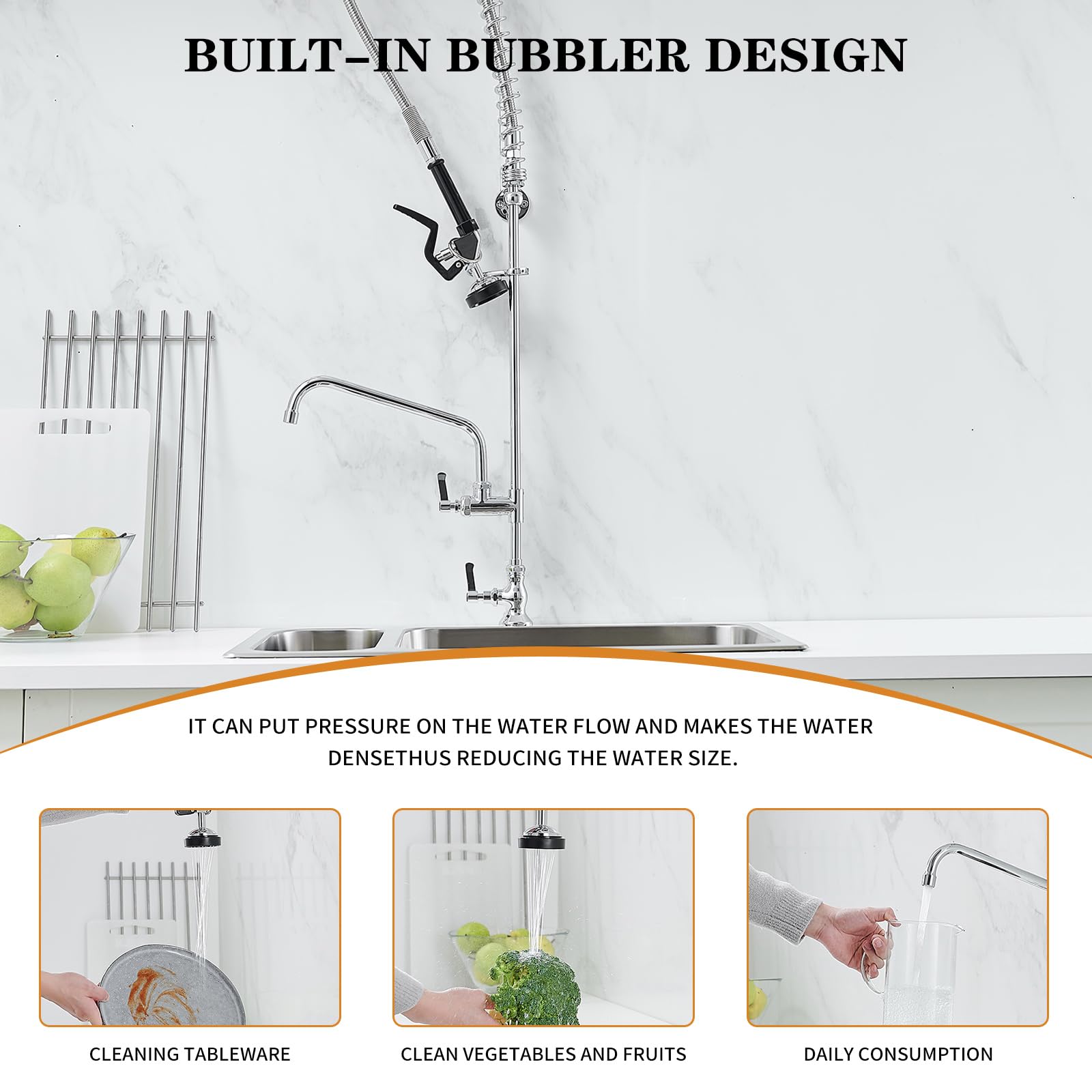 Bathfinesse Commercial Sink Faucet With Sprayer 43" Height Deck Mount 1 Hole Single Handle Coiled Spring Pull Down Spray Pre Rinse Restaurant Kitchen Faucet With High Pressure Spray Valve