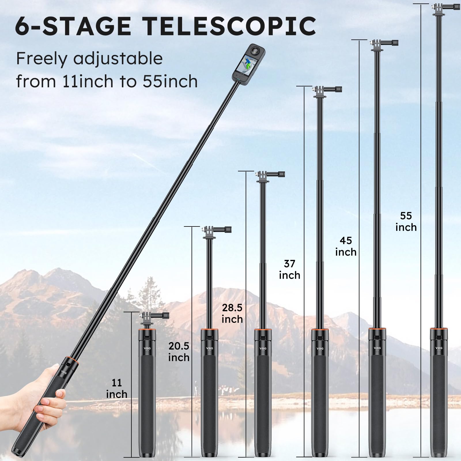 Vrig Direct Vrig 54" Extendable Camera Tripod For Insta360 X5 X4 X3 X2 Selfie Stick Tripod With 1/4" Screw Mini Portable Camera Stand Tripod For Hero 13 12 11 10/Dji Osmo Action 5Pro 4 3/Insta360 Ace Pro