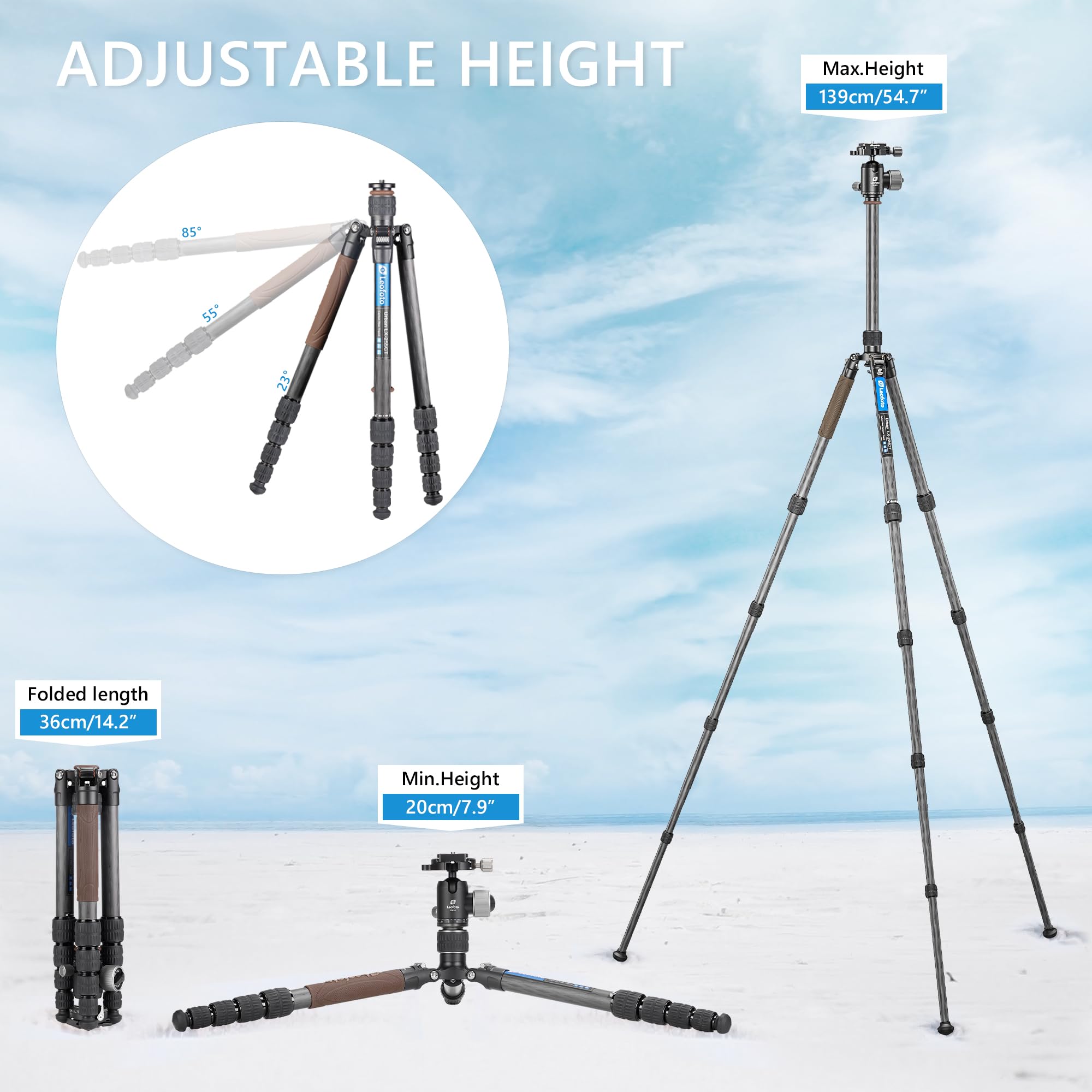 Leofoto Carbon Fiber Lightweight Travel Tripod With 360° Ball Head, Reverse Folding, Removable Center Column, Folded Height 36Cm, Maximum Load 8Kg (Lx-255Ct+Xb-32)