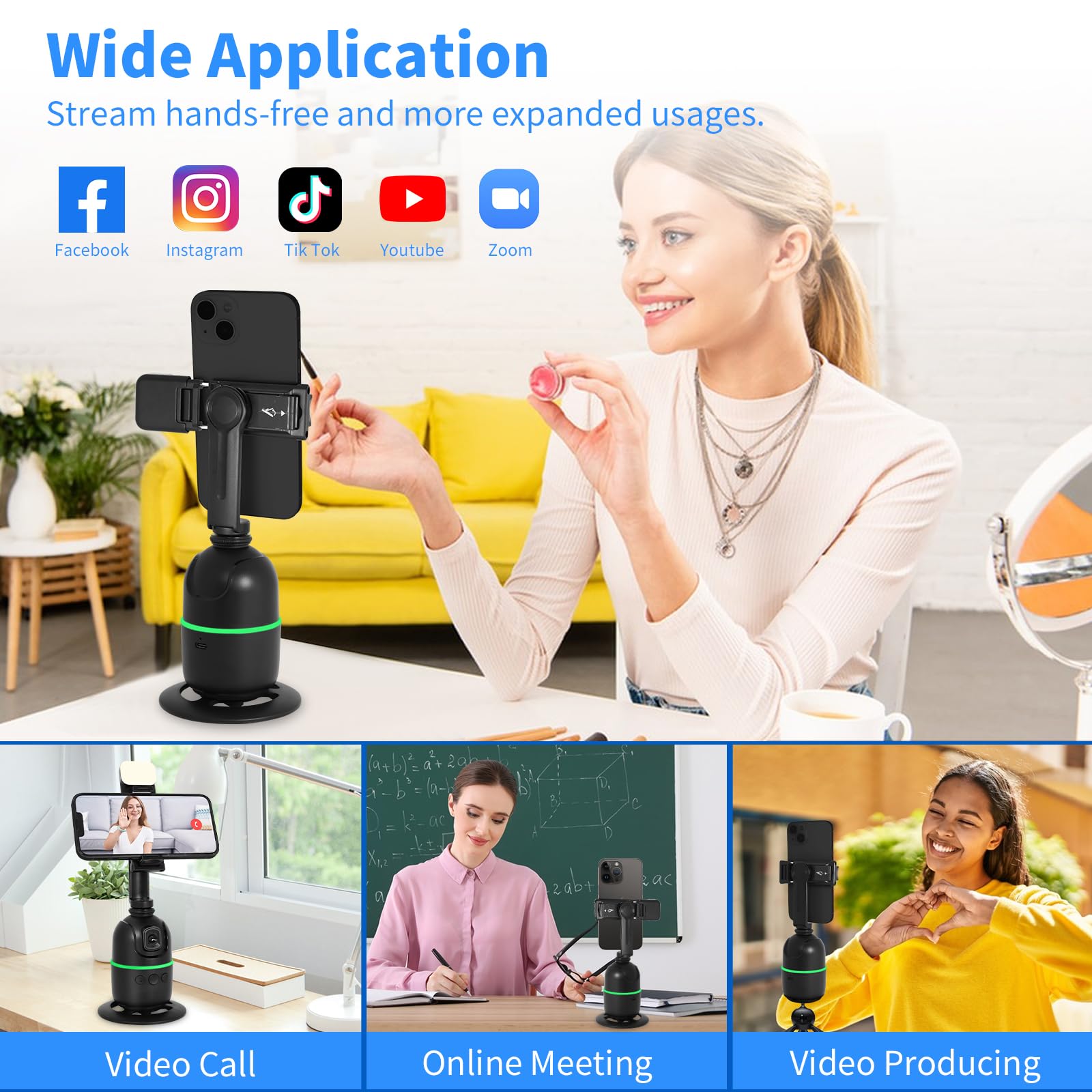 Kozyone Auto Face/Body Tracking Tripod, No App Required, 360° Rotation Phone Holder With Fill Light, Auto Tracking Phone Stand, Smart Gesture Control, For Vlog, Tiktok, Streaming, Zoom