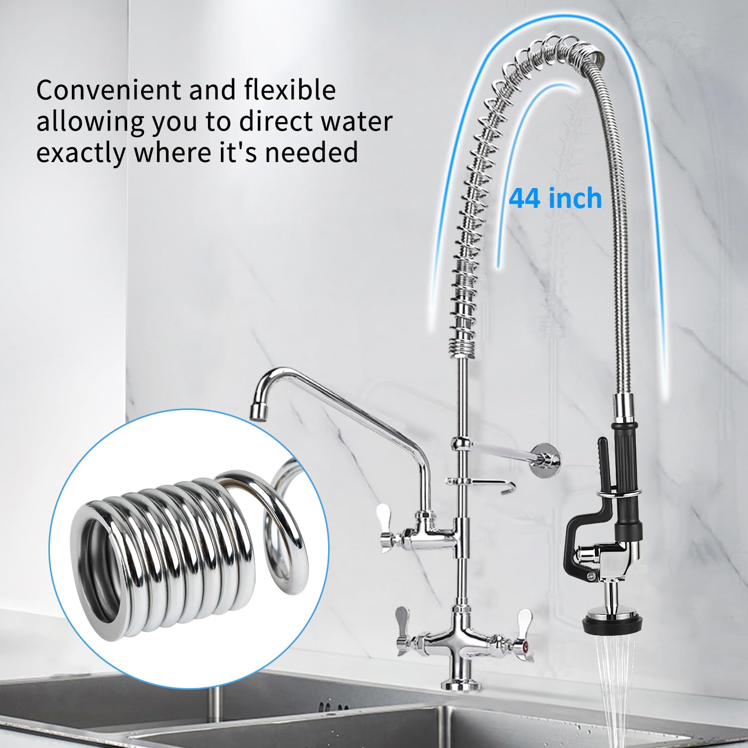 Tceumik Commercial Pre-Rinse Spray Valve With 44Inch Flexible Hose & Overhead Spring High Pressure Dish Sink Sprayer Heavy Duty Stainless Steel Easy To Install Ideal For Restaurants And Home Kitchens(Black)