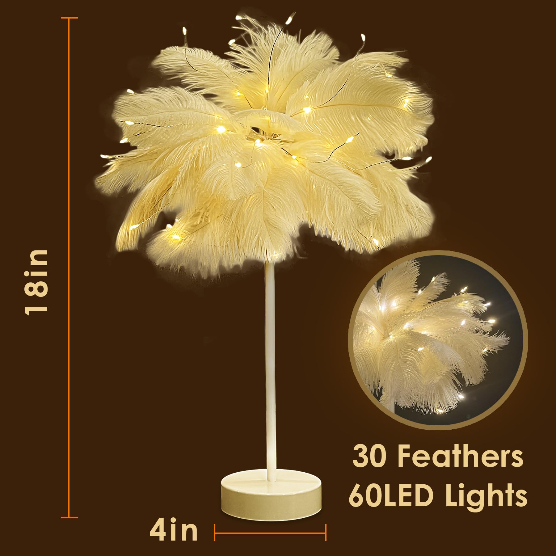 Iticdecor Ostrich Feather Lamp Metal Table Lamp Led Decorative Atmosphere Night Lights Bedside Lamps For Home Party Wedding Decoration For Dad Mom Wife Girlfriend Teen Girls(White)