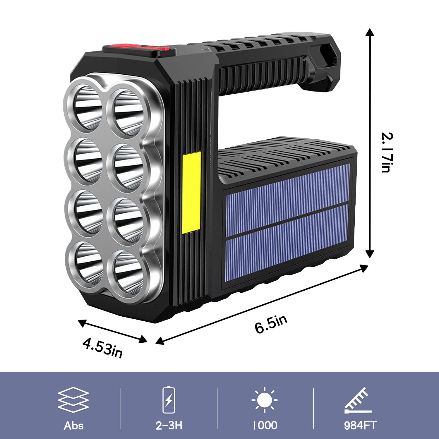 Sjpro 8 Led Solar Flashlight With Cob Sidelight, 1000 Lumens Solar Powered Flashlights, Solar Or Usb Charging Waterproof Handheld Flashlights With 3 Modes For Fishing Outdoor Camping Emergencies