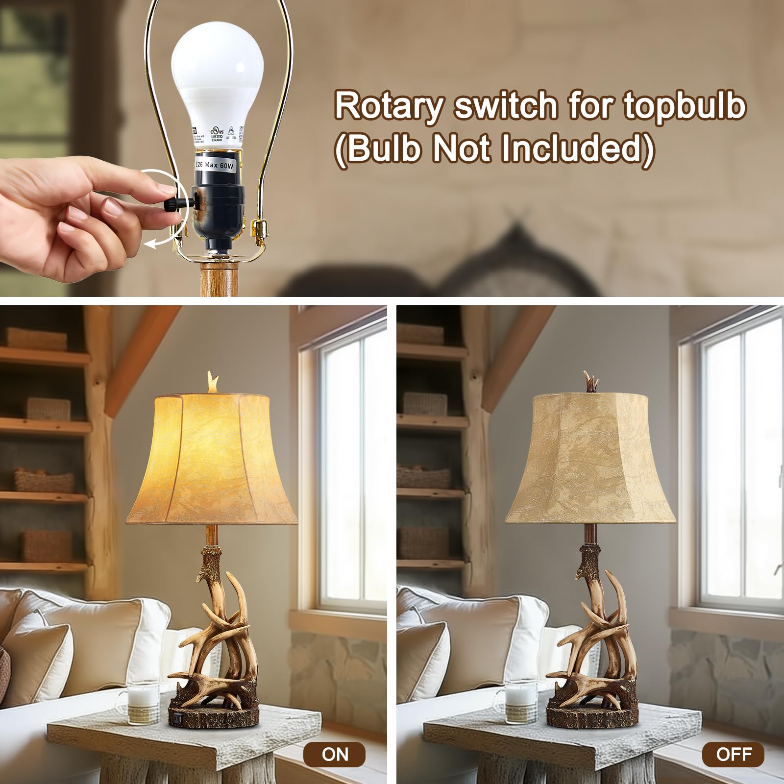 Huitico 27.25'' Rustic Antler Table Lamps For Living Room With Usb A + C Charging Ports Western Cabin Bedside Lamps For Bedroom Nightstand Lamps With Faux Leather Lampshade, Single, Bulb Not Included