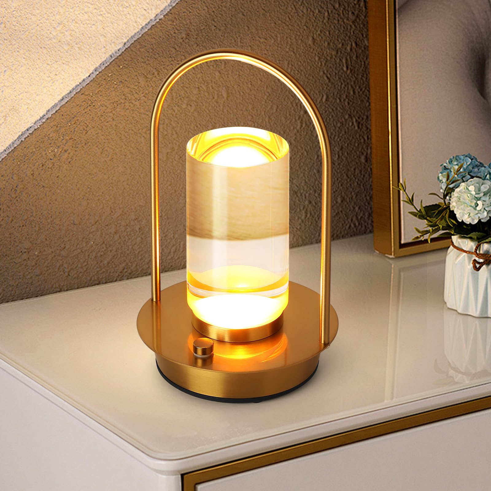 Fialame Lumisom Crystal Lantern Lamp With Touch Sensor,4000Mah Gold Cordless Table Lamp Rechargeable,Portable Metal Acrylic Table Lamp,3 Color Stepless Dimming Battery Powered Desk Lamp For Indoor Outdoor