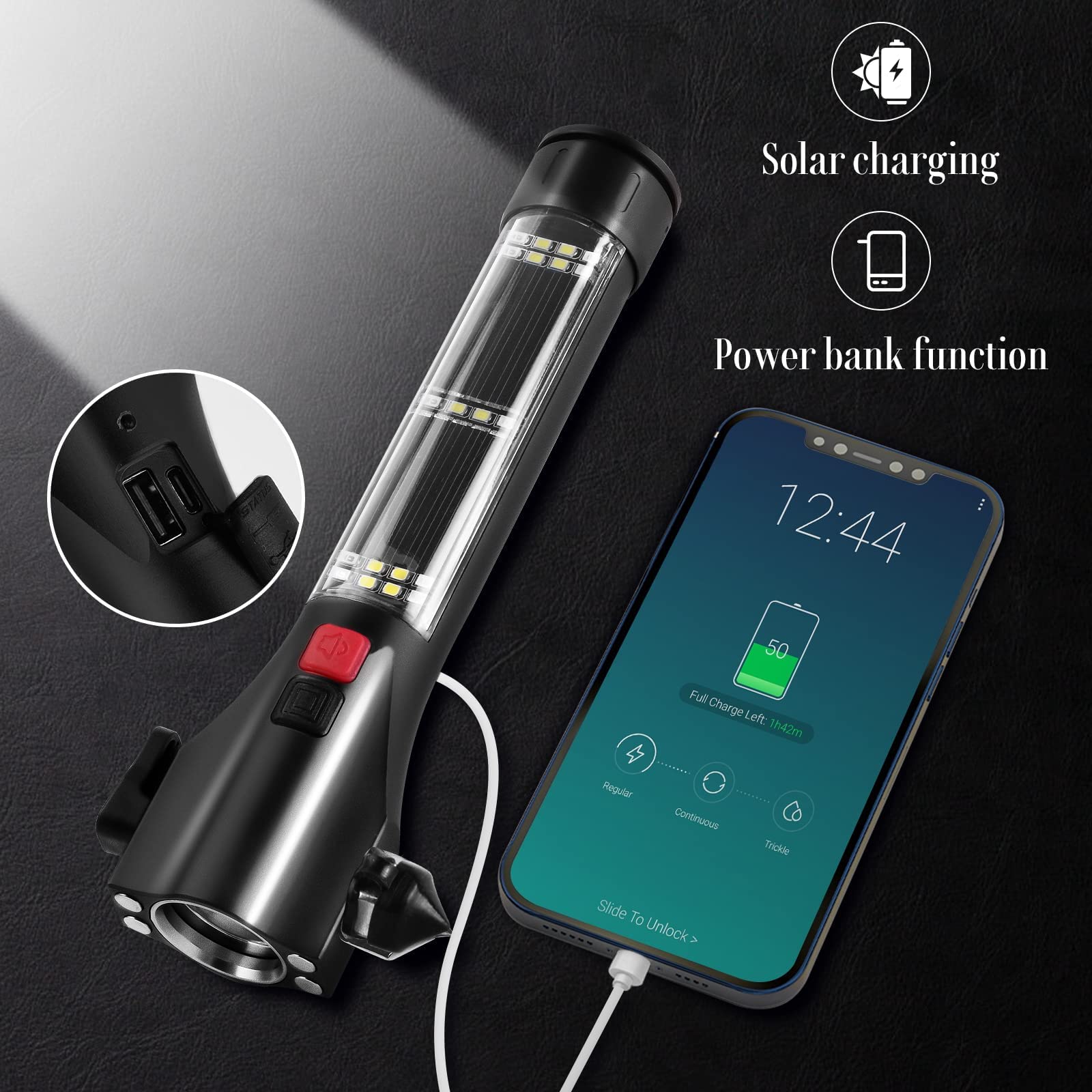Unicumoo Solar Powered Car Safety Hammer Flashlight With Seatbelt Cutter, Led High Lumens, Red And Blue Sos Flashing, Usb Charging, Magnetic Attraction, Portable Design