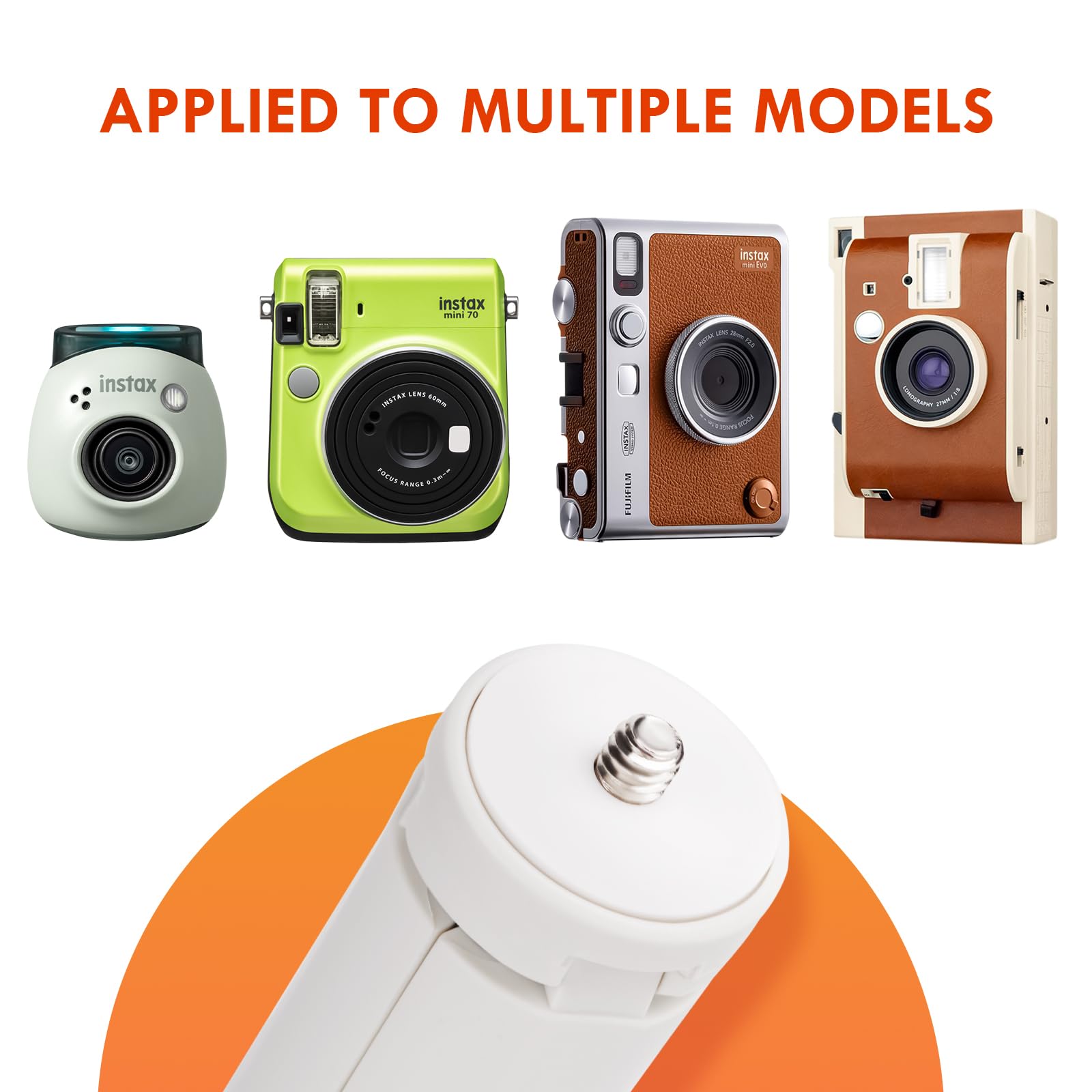 Rieibi Mini Tripod For Fuji Instax Pal/Instax Mini Evo/70/Lomo Instant Camera, White, Plastic, Slip Resistant, Pan-Tilt Head, 3X8.2Cm Folded, 3Cm Height & Width
