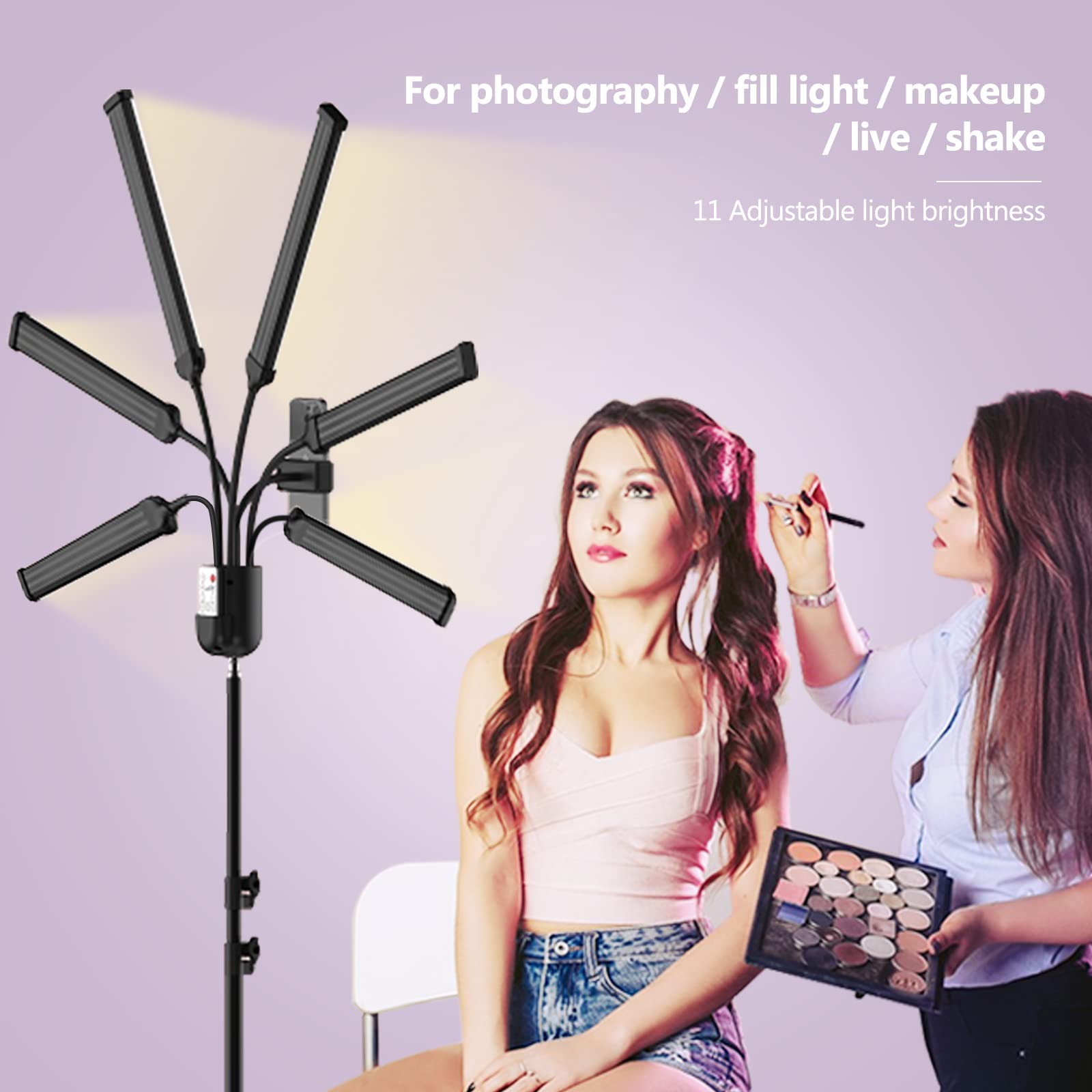 Surbort Led Fill Light, 63“ Liftable Tripod Video Light, For Photography/Makeup/Live Streaming/Tiktok, 6 Heads 3 Color Lighting，11 Levels Of Adjustable Brightness, 3-18H Timer, Remote Control（S6）