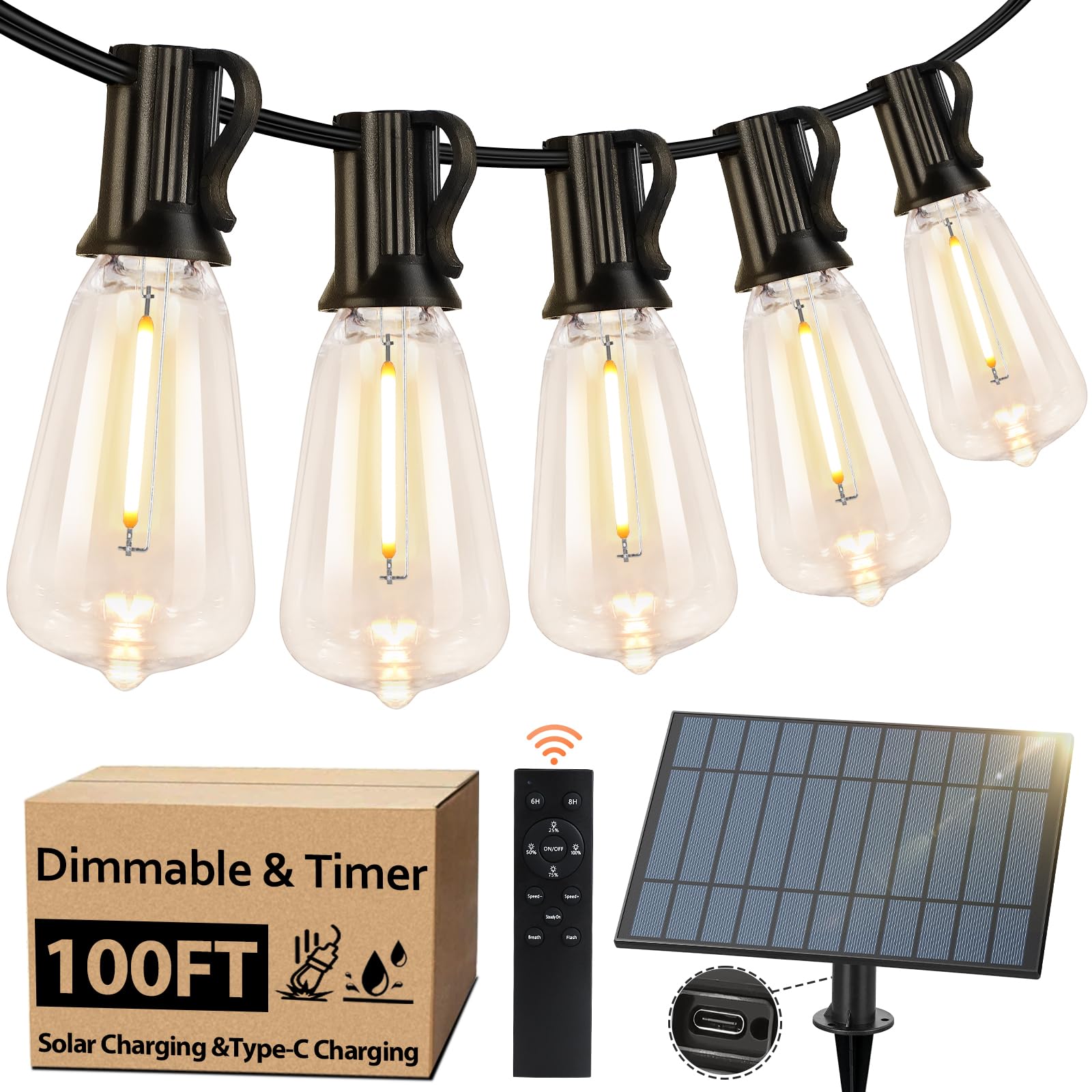 Bosceos 100Ft Outdoor Solar String Lights With Remote, Usb Rechargeable Led Patio Lights With 52 Timer Dimmable St38 Edison Bulbs, Enhanced 5W Solar Panel Outside Hanging Lights For Porch Garden Deck Backyard