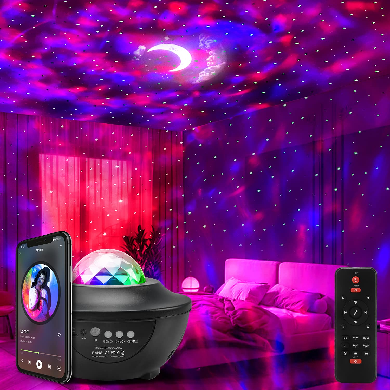Sopco Galaxy Projector Lights Starry Night Light Moon Star Nebula Wave Projector With Music Bluetooth Speaker Rgb Color Changing Remote&Voice Control Party Light For Kids Adults Bedroom Home Décor