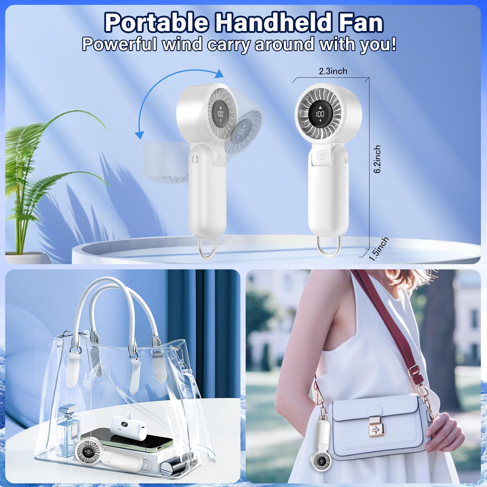 Handheld Fan Turbo - Portable Battery Powered Mini Hand Held Fan Rechargeable With Power Display