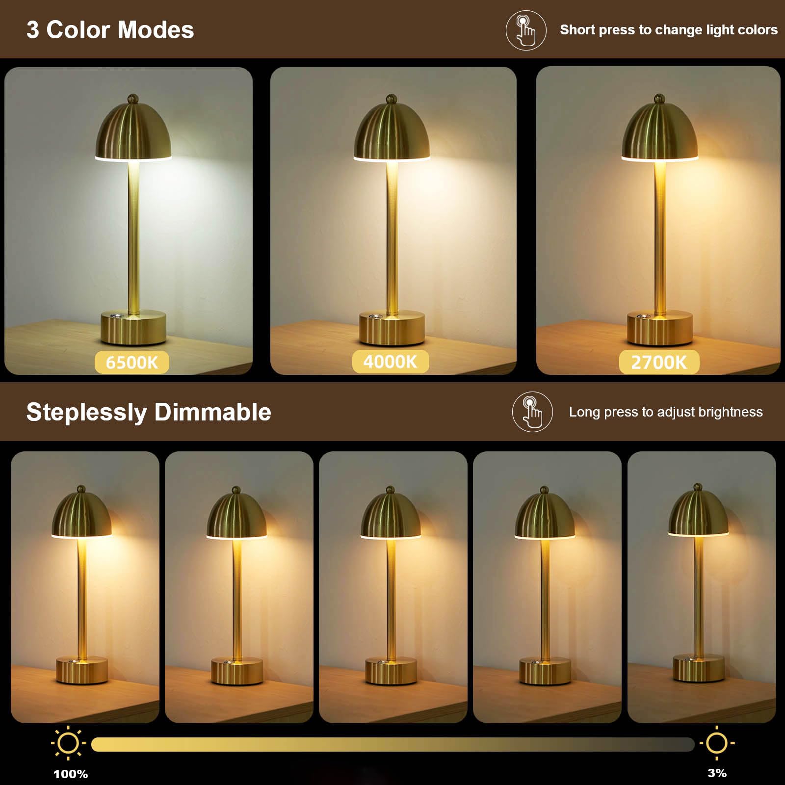 Umexus Small Cordless Mushroom Lamp Set Of 2, 5200Mah Rechargeable Battery Operated Lamp For Restaurant Bar Cocktail Table, Led Touch Dimmable, Portable Outdoor Patio Lights, Gold Brass