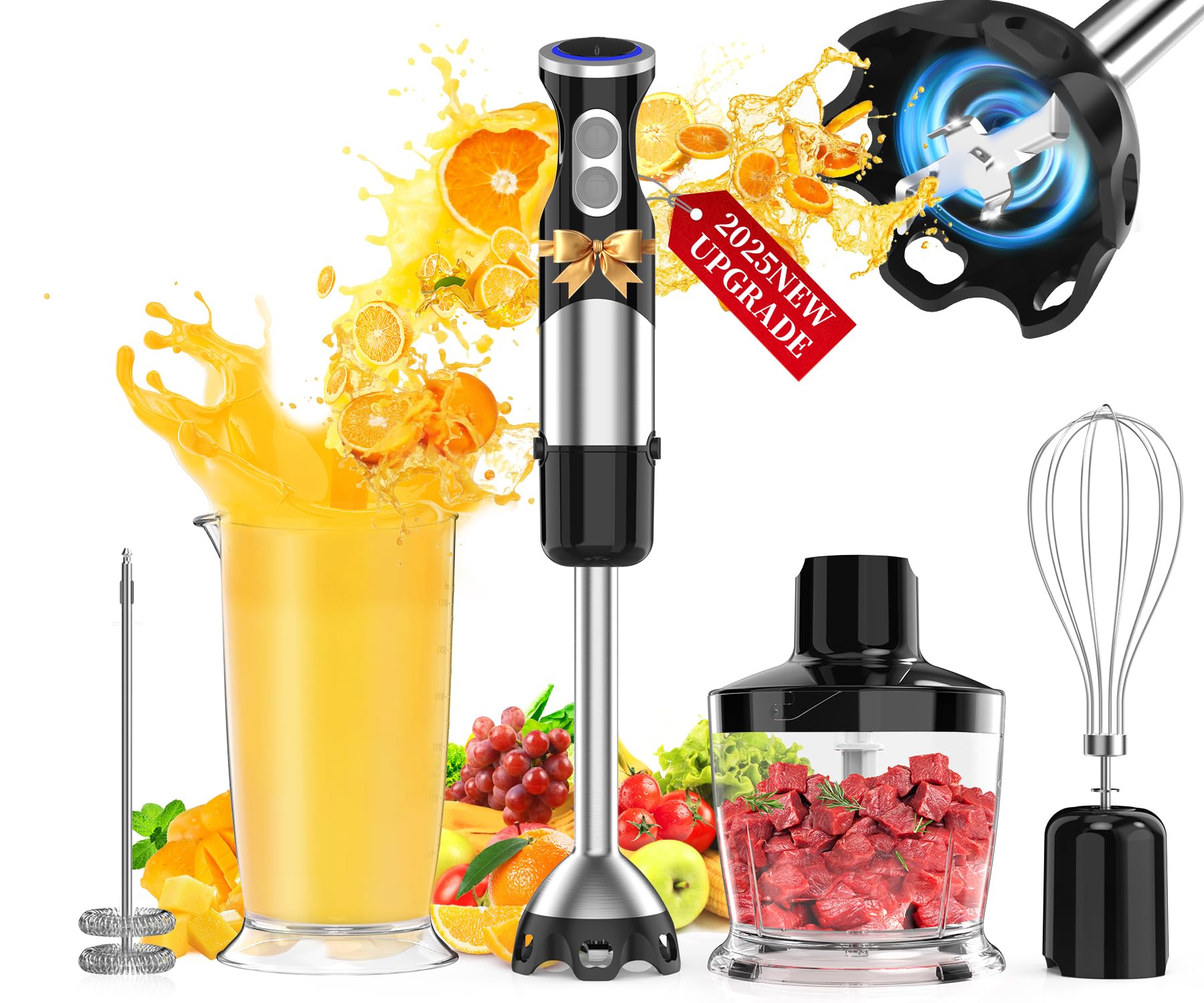 Ceukoz Immersion Blender Handheld 5 In 1-1100W Scratch Resistant Blender Stick, 12 Speed And Turbo Boost Hand Blender With Chopper Beaker Whisk And Milk Frother For Milkshake Puree Smoothie Food