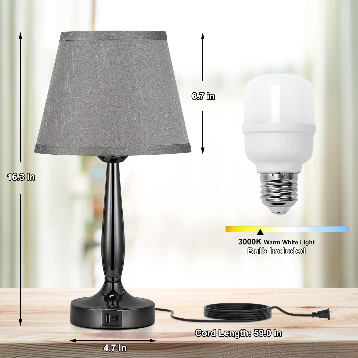 Kakanuo Touch Table Lamp For Bedroom, Small Bedside Lamp With Usb C Charging Port, 3 Way Dimmable Touch Control Nightstand Lamp For Living Room And Office, Led Bulb Included