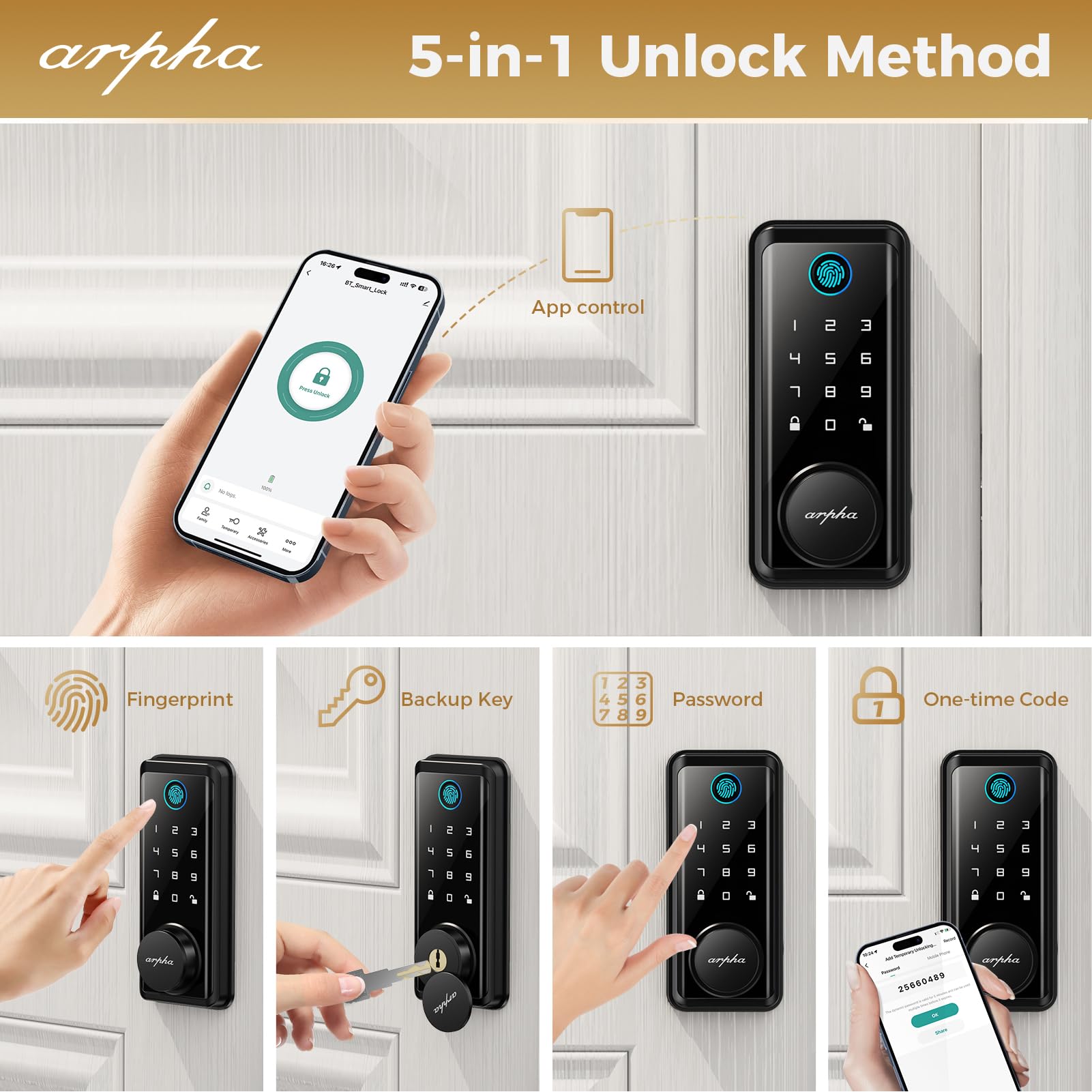 Arpha Fingerprint Door Lock • Keyless Entry Door Lock Deadbolt • Multiple Entry Methods – App • Fingerprint Touch Id • Keypad Code • Traditional Key • Auto-Lock • Ip54 Waterproof • Easy To Install, Black