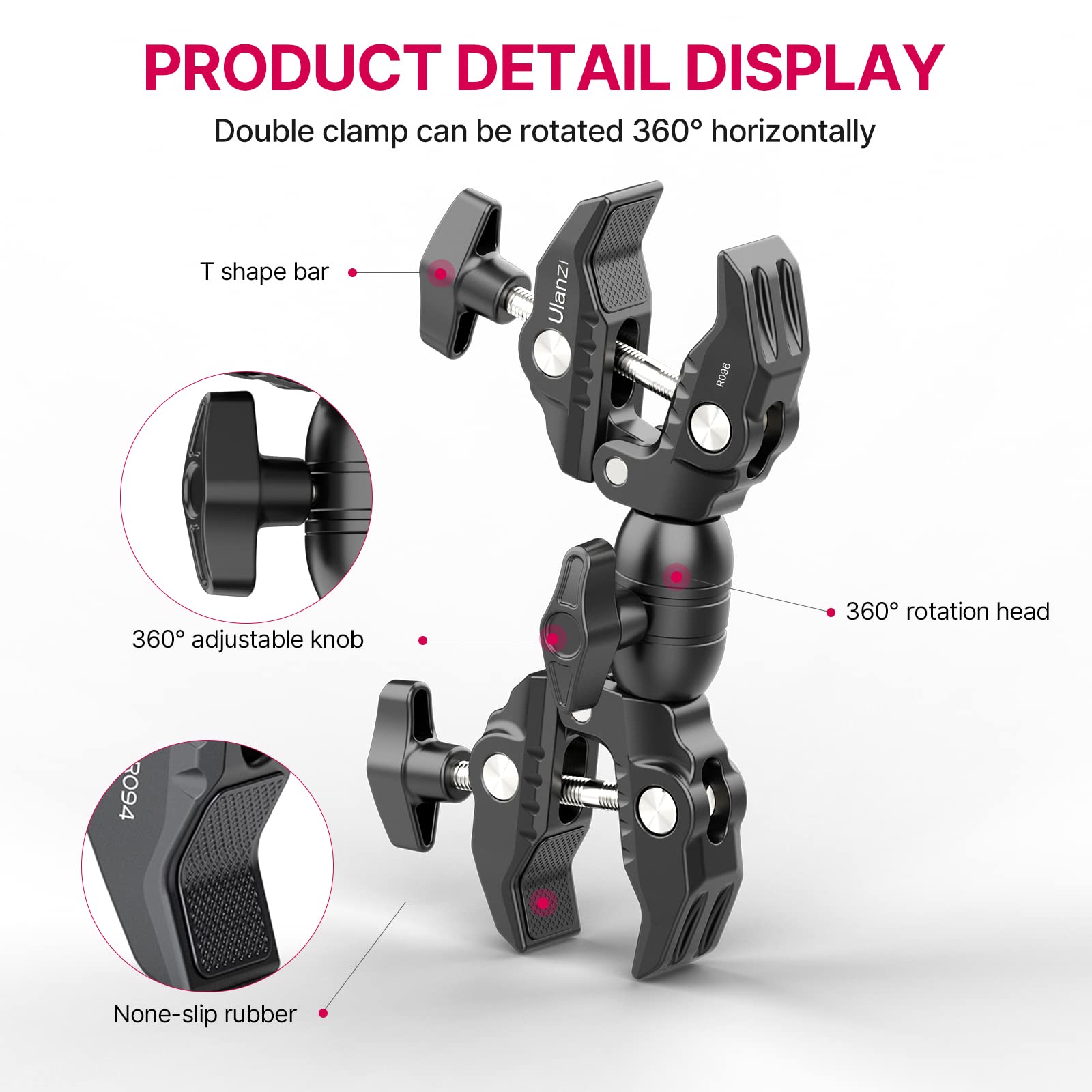 Ulanzi Super Clamp Double Camera Clamp, R096 Crab Plier Clip Bracket Mount Monitor Magic Arm Double Ball Head Adapter For Photo Studio Light Stand, Photography Reflector, Photo Boom Stand, Cross Bars