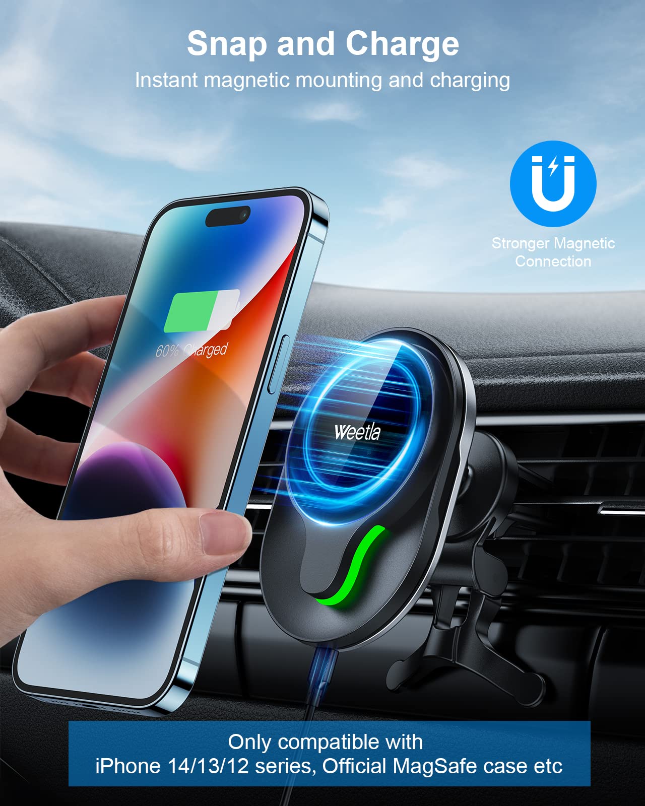Weetla Fits Iphone Magsafe Car Mount Charger,Magnetic Wireless Car Charger For Air Vent Mount Compatible With Iphone 14/13/12 Series And Magnetic Cases,Black