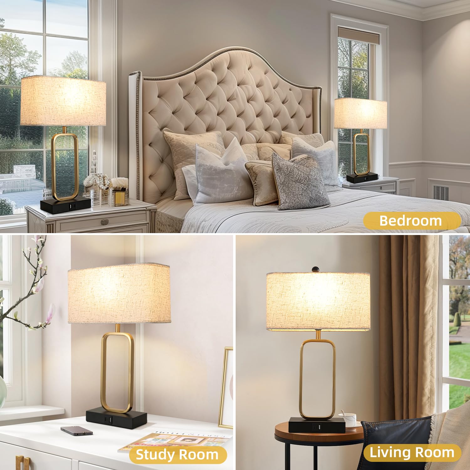 Ruhaieba Bedside Table Lamps Set Of 2 - Touch Gold Lamps For Night Stand, 3-Way Dimmable Bedroom Lamp For Living Room Office Reading(3000K Led Bulb Included)