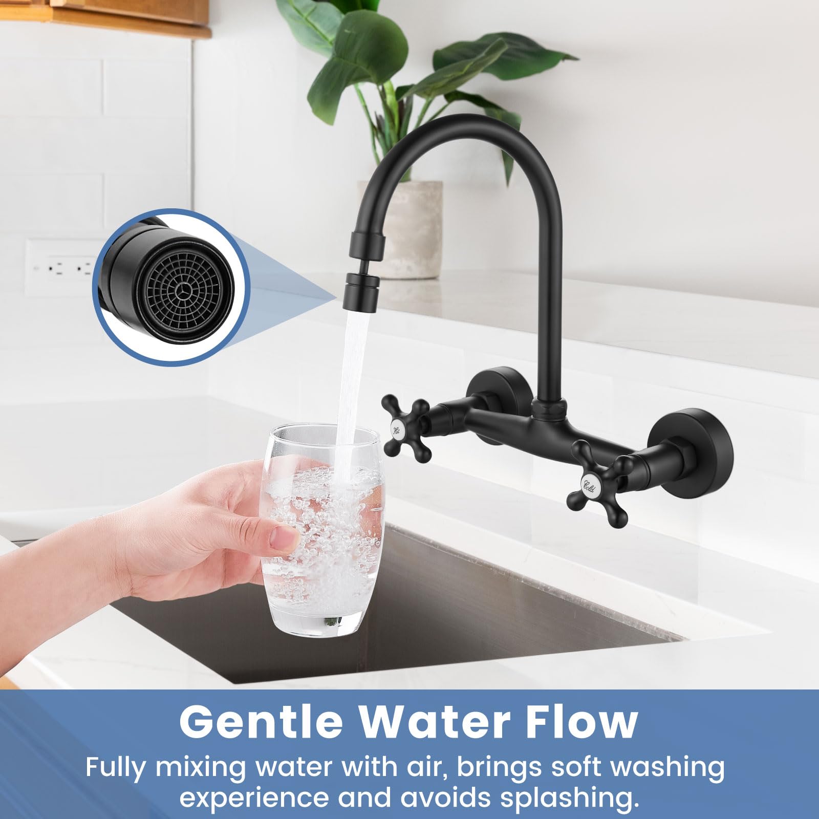 Airuida Wall Mount Kitchen Faucet With Sprayer Wall Mounted Kitchen Sink Faucet Double Cross Handles 360 Degree Swivel Spout Restaurant Mixer Tap Commercial 8 Inch Center Matte Black