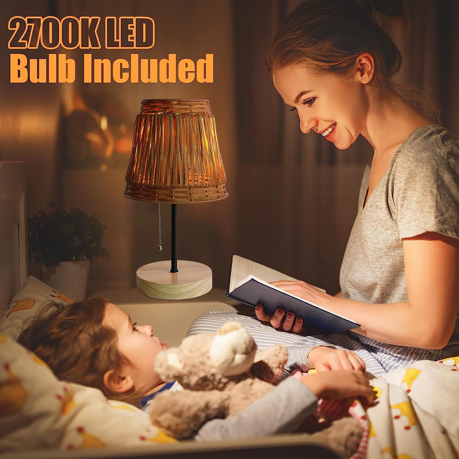 Pakuyhou Handmade Boho Rattan Bedroom Small Table Lamp,With Brown Rattan Lamp Shade (Brown) With Pull Chain Lamp Holder,E26 Bulb Included