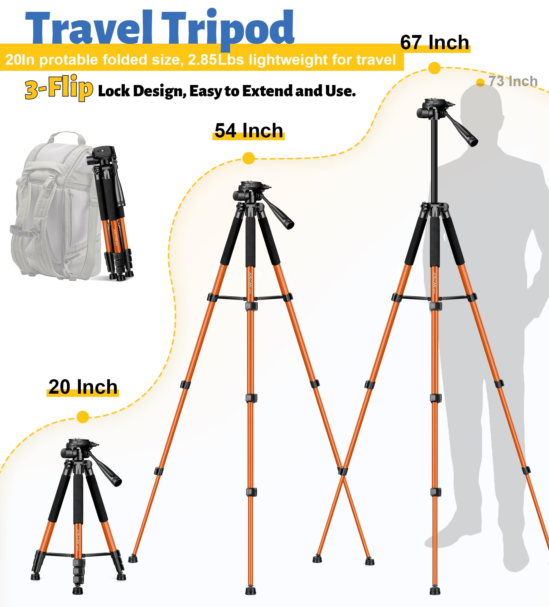 Joilcan Tripod For Camera, 67" Heavy Duty Camera Tripod, Phone Tripods For Video Recording Photo Vlog, Aluminum Tripods With Holder & Travel Bag For Cameras Dslr Iphone Projector Laser