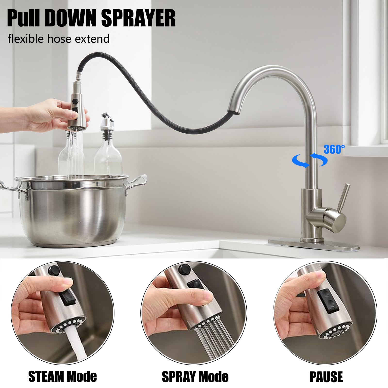 Kingo Home Kingo Kitchen Faucet, Brushed Nickel Kitchen Faucets With Pull Down Sprayer, High Arc Single Handle Stainless Steel Sink Faucets 1 Or 3 Hole, Kitchen Sink Faucets For Farmhouse Camper Laundry Rv Bar