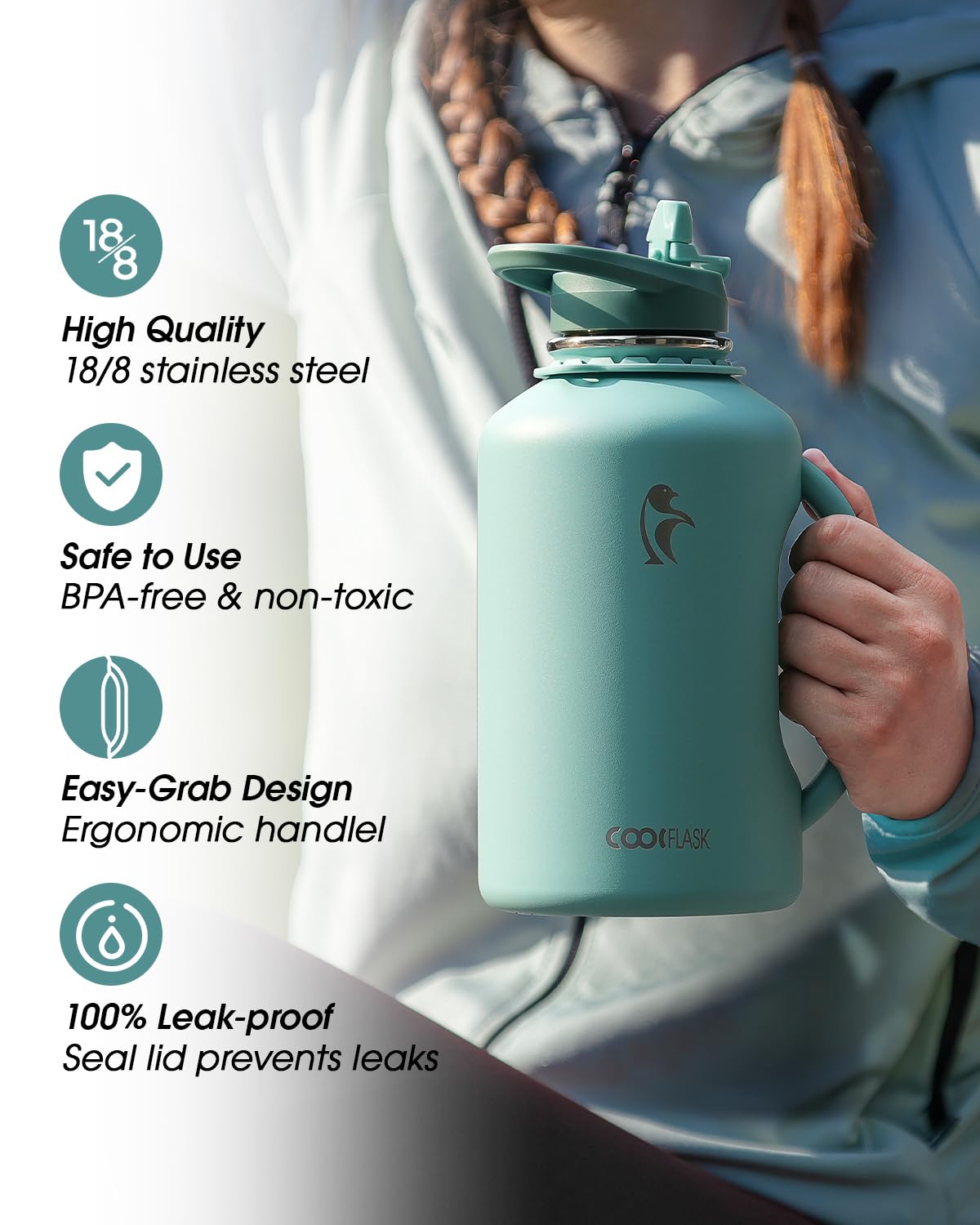 Coolflask Half Gallon Water Bottle Insulated, 64 Oz Insulated Stainless Steel Water Jug