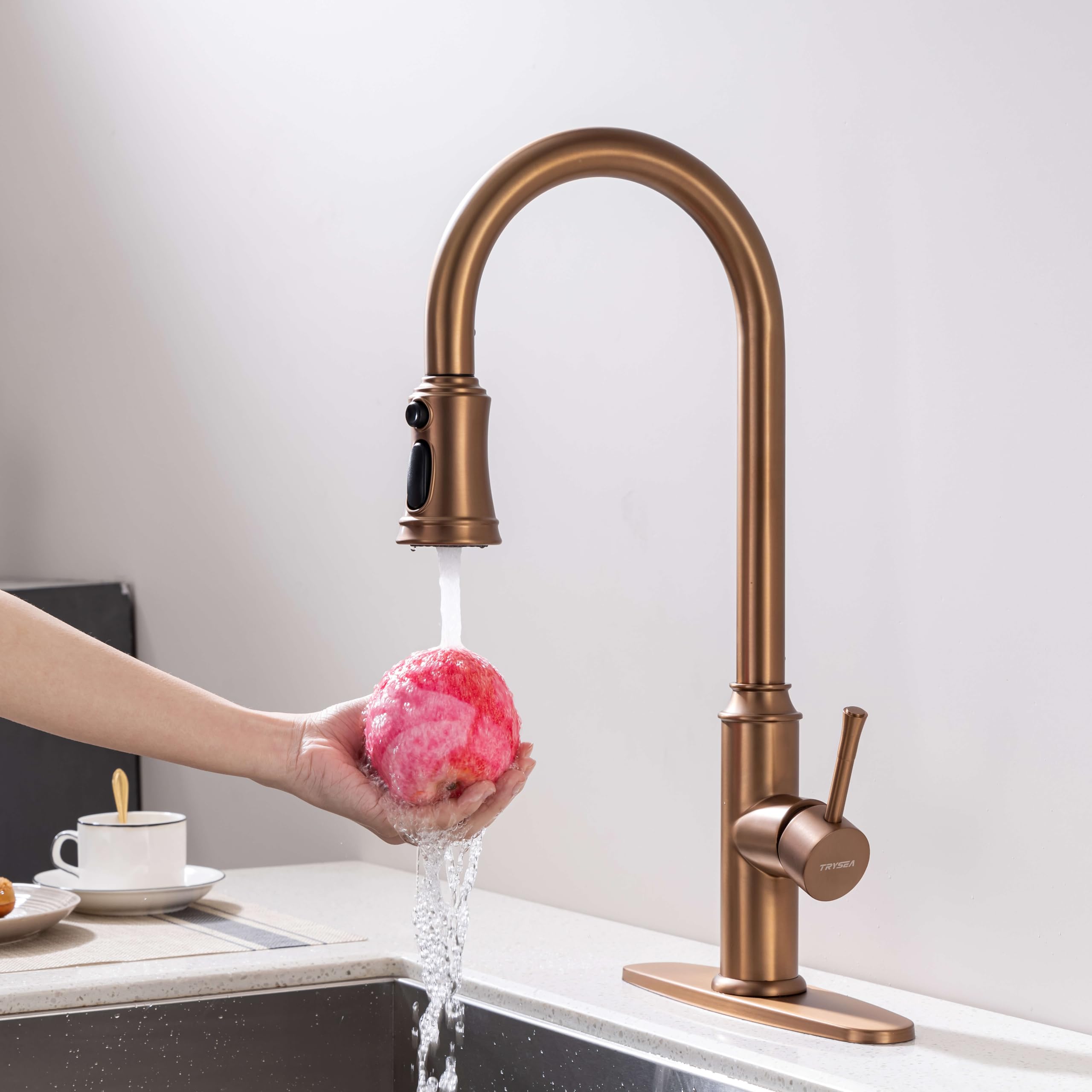Trysea Rose Gold Kitchen Faucet With Pull Down Sprayer,Stainless Steel Gold Kitchen Faucet With Sprayer,High Arc Gold Faucets With Deck Plate For 1 Hole & 3 Holes Kitchen Sink
