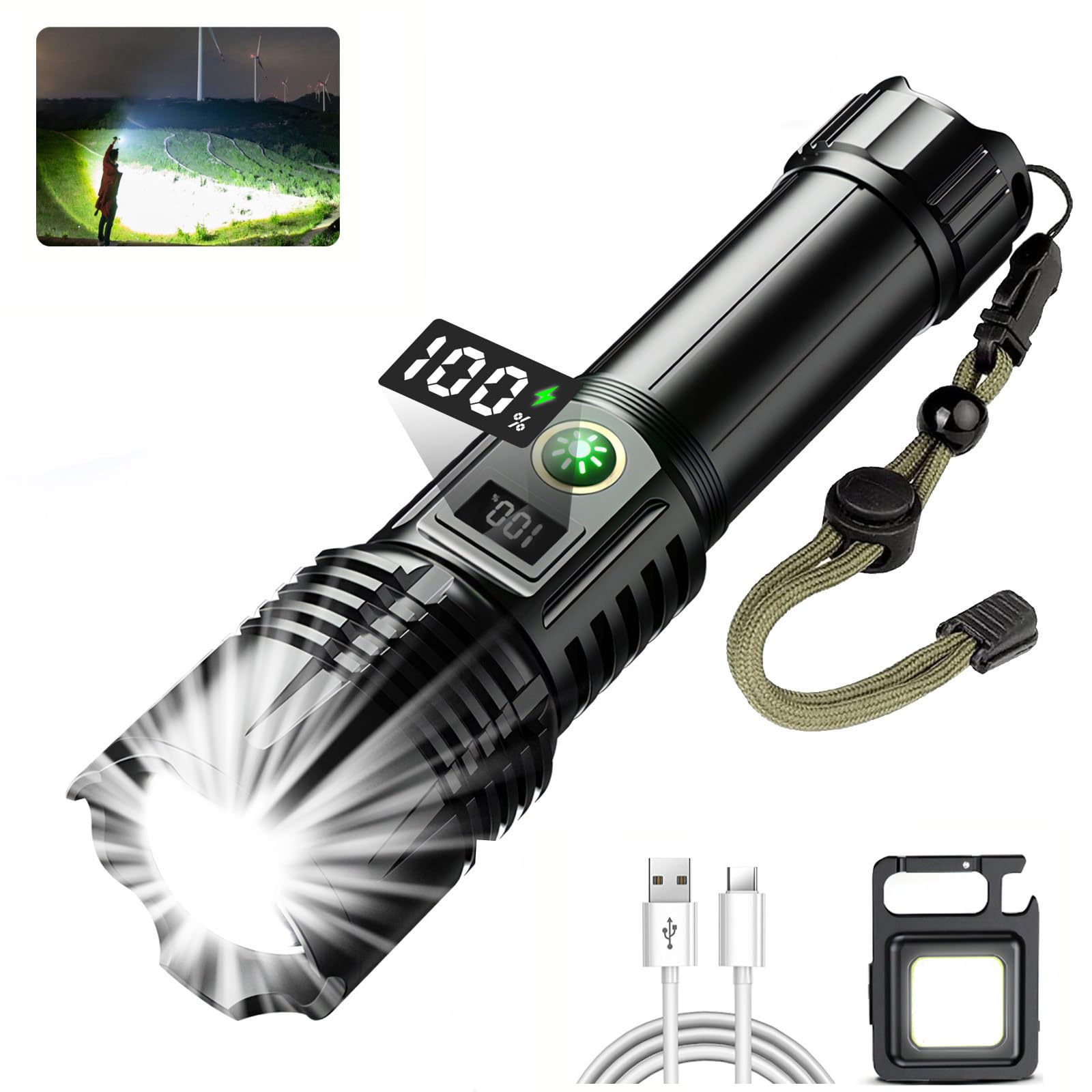 Bikacu Flashlights Led High Lumens Rechargeable, 1200000 Lumens Powerful Flashlight, Super Bright Tactical Flash Light, High Power Handheld Usb-C Flashlights, 5 Modes Waterproof & Zoomable For Camping
