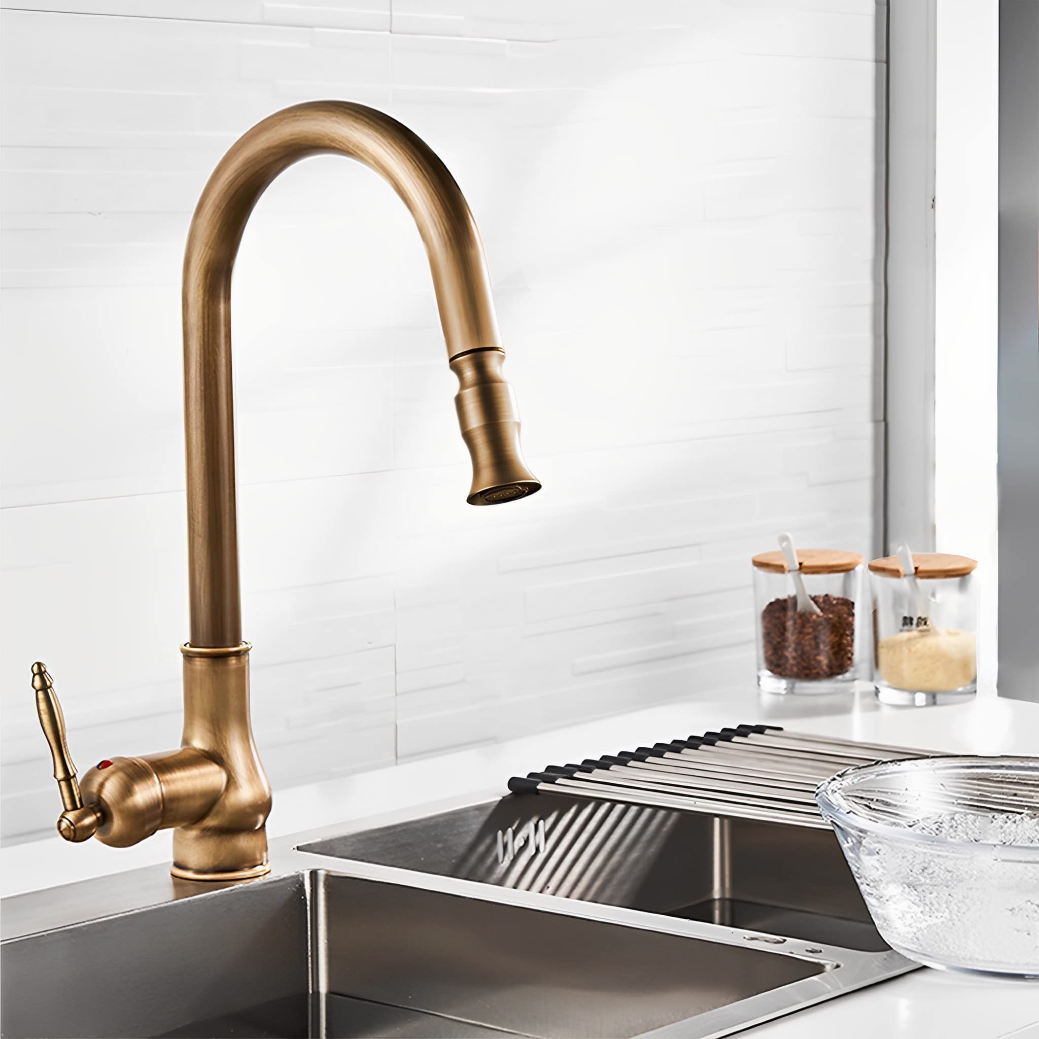 Lightinthebox Single Handle Kitchen Faucet,Antique Copper One Hole Pull Out Pull Down Widespread Brass Faucet Body With Cold Hot Mixer Hoses