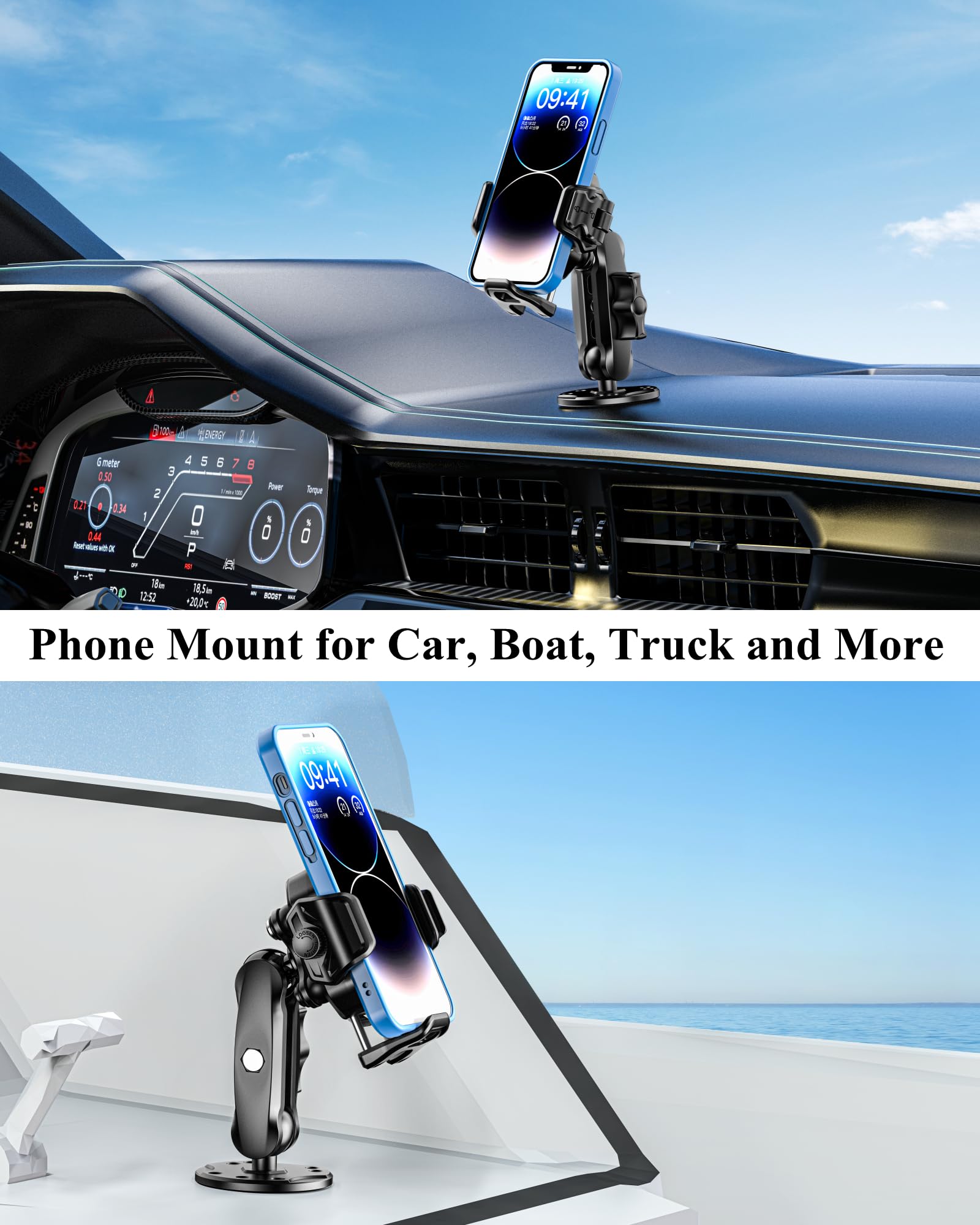 Brcovan Anti-Theft Phone Mount Holder With Vibration Dampener [Camera Friendly] [1S Lock & Release] With Aluminum Round Base & Medium Arm, For Car Boat Truck Motorcycle Utv, Fit 5.4-7.2'' Smartphones