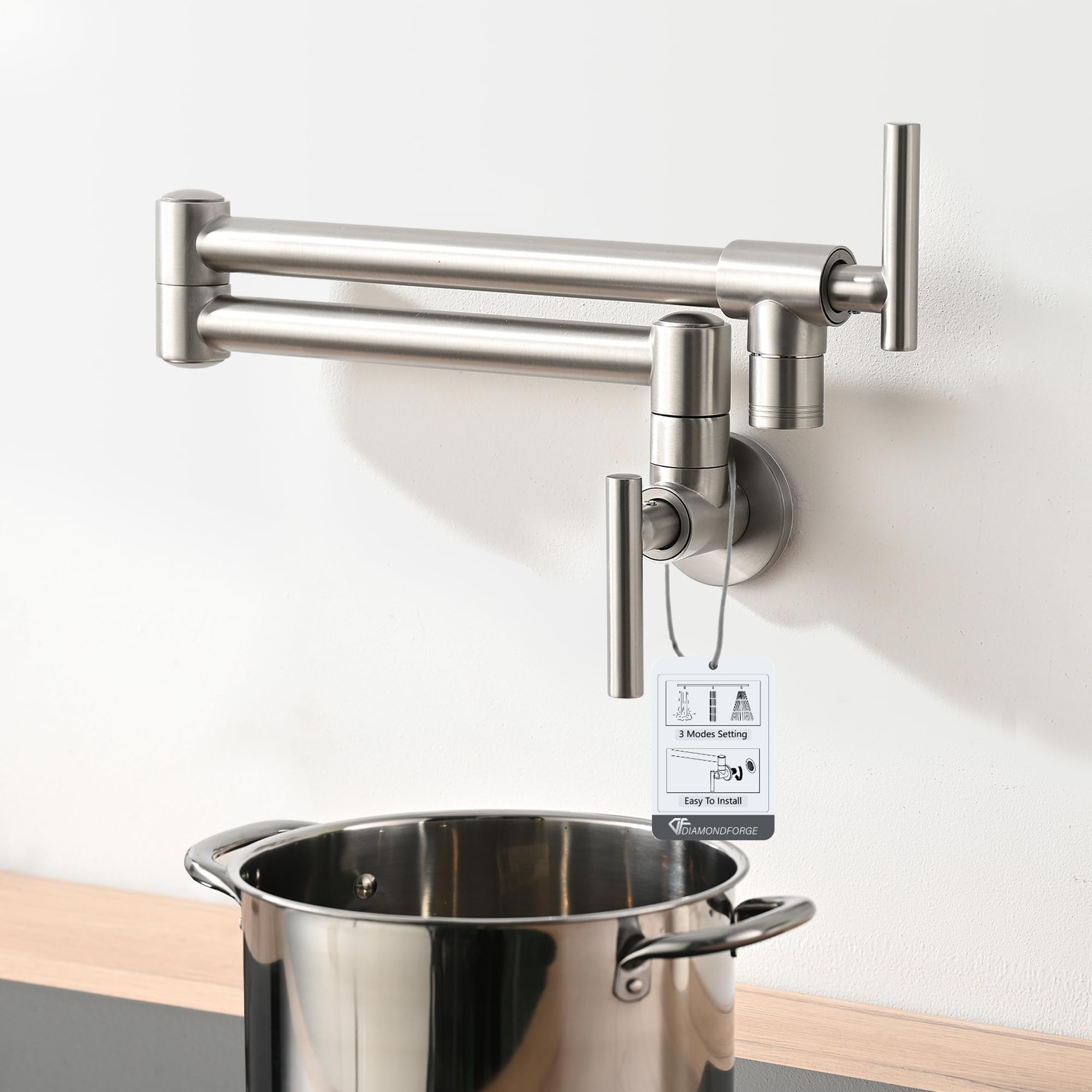 Diamondforge Pot Filler Faucets - For Kitchen, Sink, Stove And Bar With Brass Wall Mount Double Joint Swing Arms - Leak  Designs With High-Flow Aerators - Retractable And Folding Save Space - Brushed Nickel