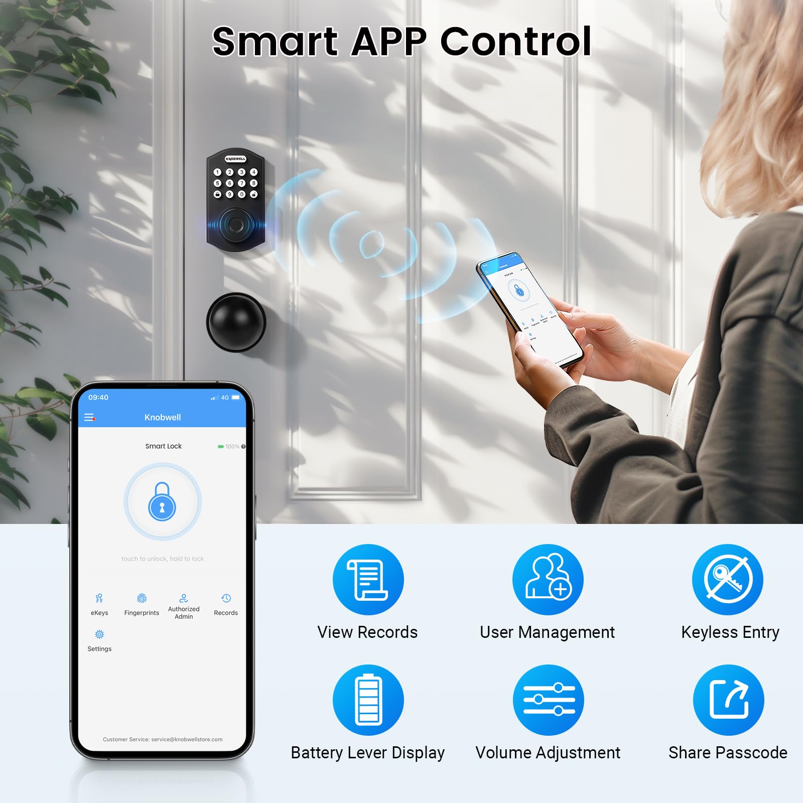 Knobwell Electronic Keypad Deadbolt With Door Knob, Keyless Entry Door Lock With Handle, Smart Lock For Front Door, App Control Keypad Biometric Electronic Digital Door Lock