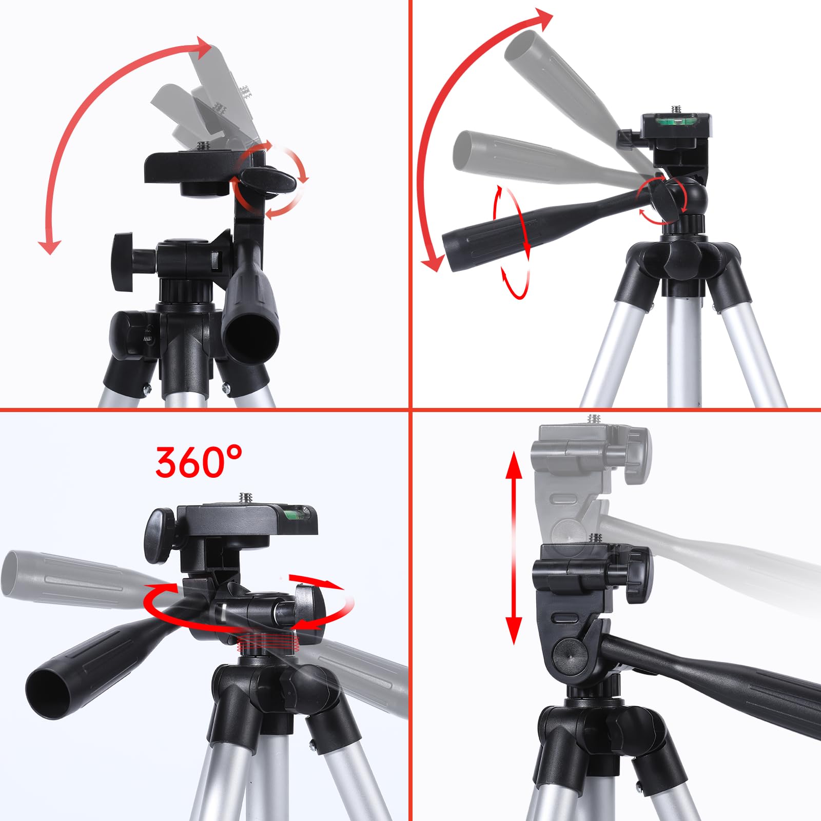 Mutoop 19.7" Lightweight Aluminum Tripod For Laser Level & Camera – Adjustable Mini Tripod With 3-Way Pan Head, Bubble Level, Quick Release Plate & Carry Bag - 1/4"-20 Mount, 9Lb Capacity