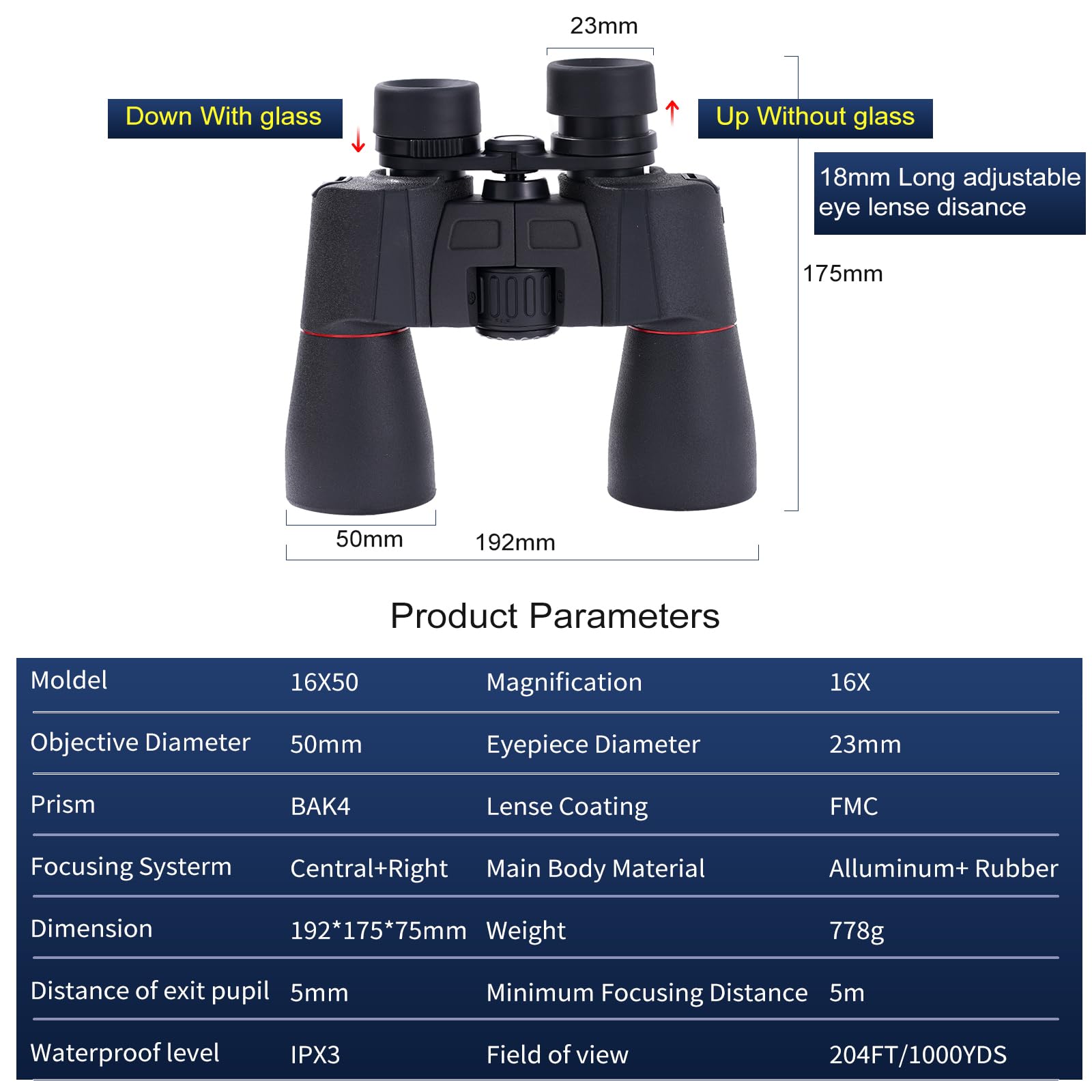 Damenverra 16X50 Binoculars For Adults High Powered - Fmc With Bak 4 Prisms - Large View Waterproof Ed Binoculars With Clear Low Light Vision For Bird Watching, Hunting, Traveling, Stargazing