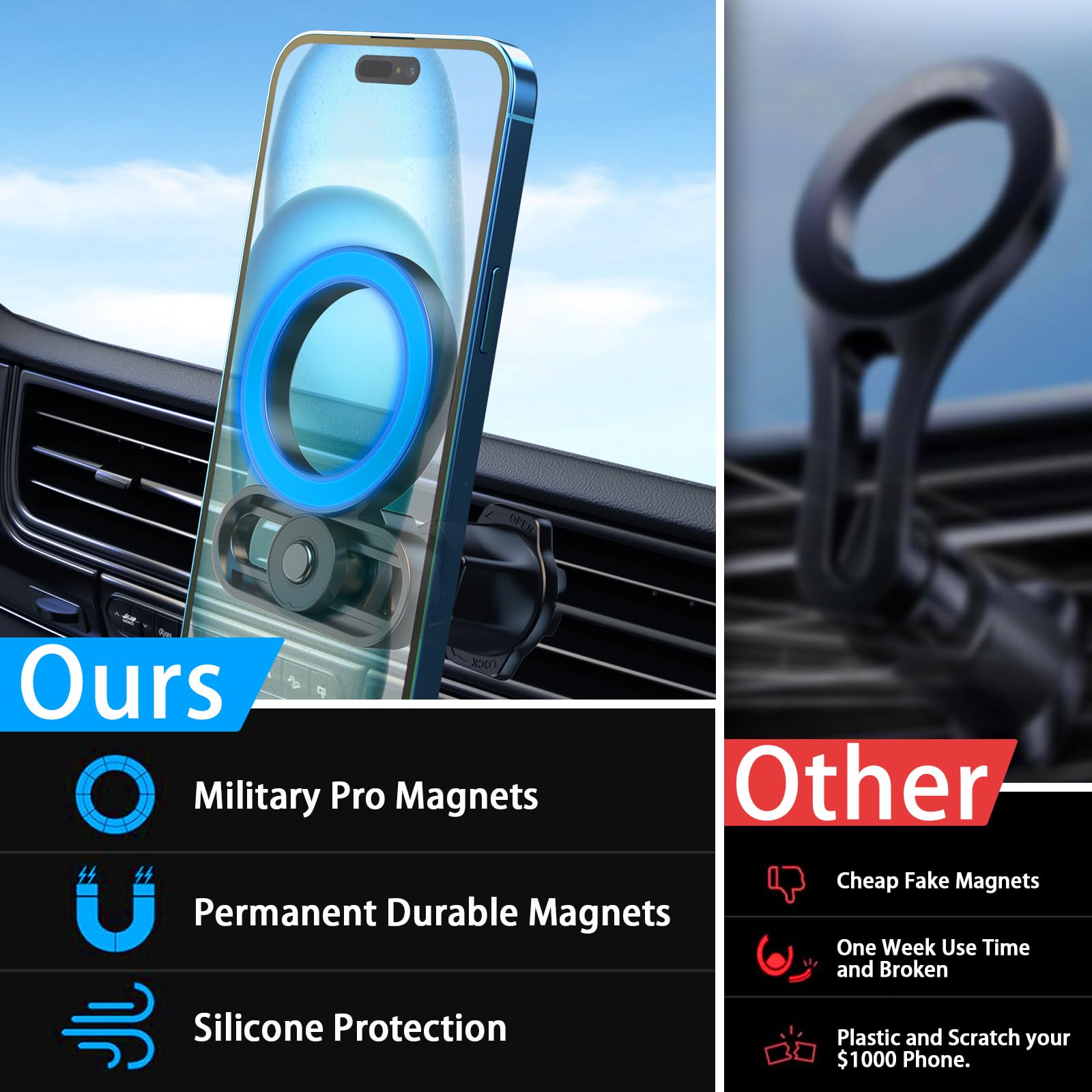 Bokilino For Magsafe Car Mount, Phone Holders For Your Car, [Strongest Magnets][Unlimited Angles]Magnetic Car Phone Holder Vent, Car Accessories For Iphone 16 15 Pro Plus Max 14 13 12 Mini Magsafe Case Phones