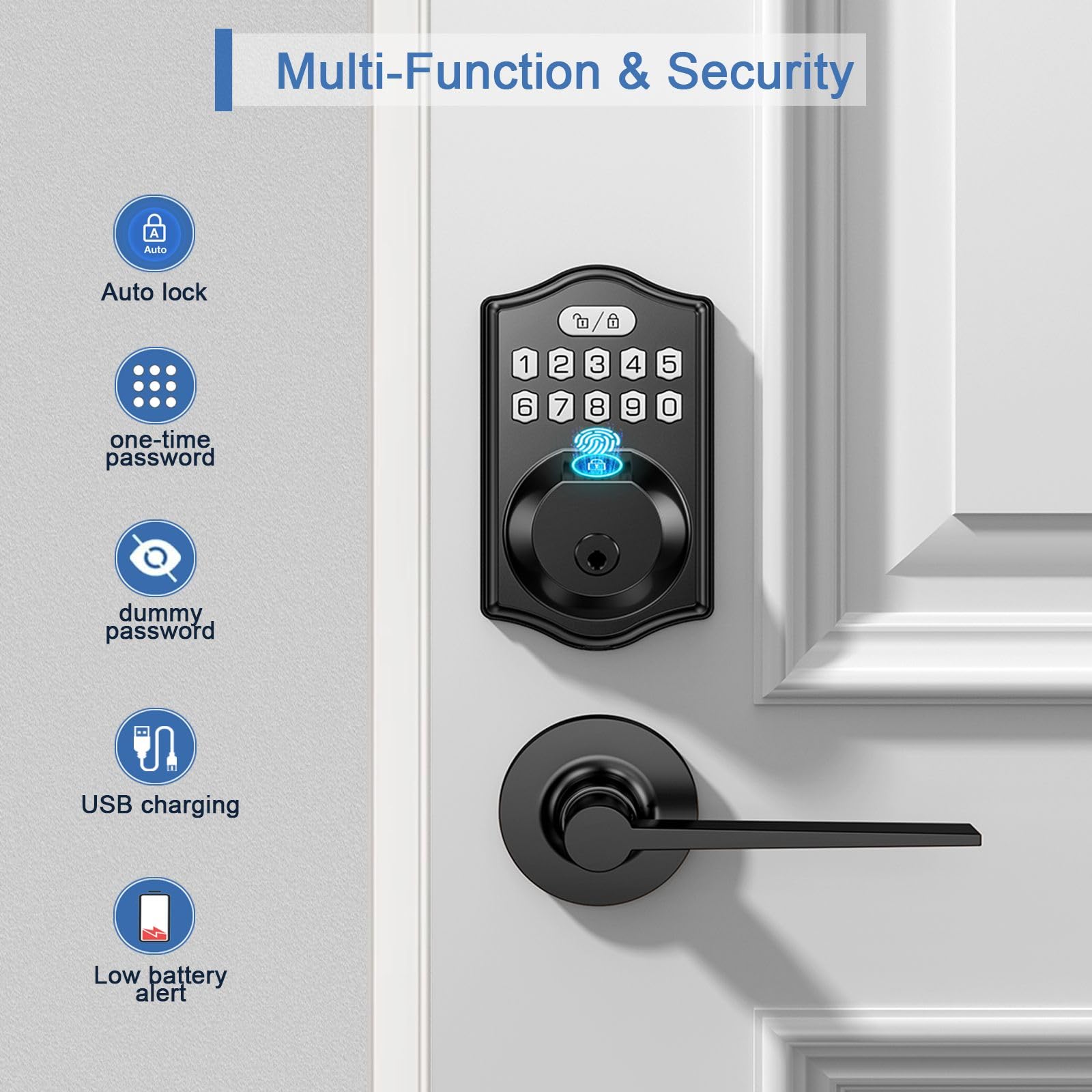 Kxzcctie Keyless Entry Door Lock Deadbolt With Handle Set-Front Smart Door Locks For Front Door-With 2 Lever Handles-Electronic Keypad Code Deadbolt,Fingerprint Door Lock-Auto Lock(Black)