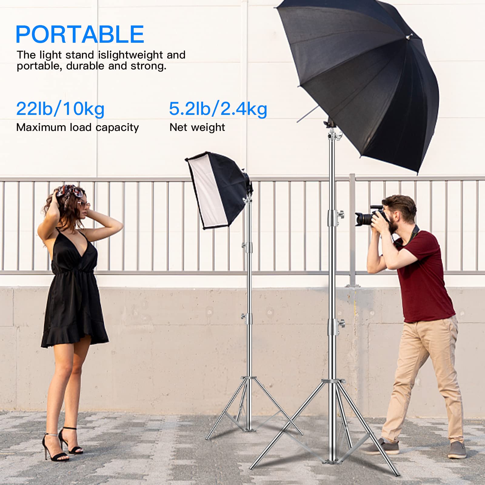 Supon Stainless Steel Light Stand 110" /2.8M, Spring Cushioned Heavy Duty Tripod Stand With 1/4-Inch To 3/8-Inch Universal Adapter For Studio Monolight Softbox Reflector Photography Portrait Video