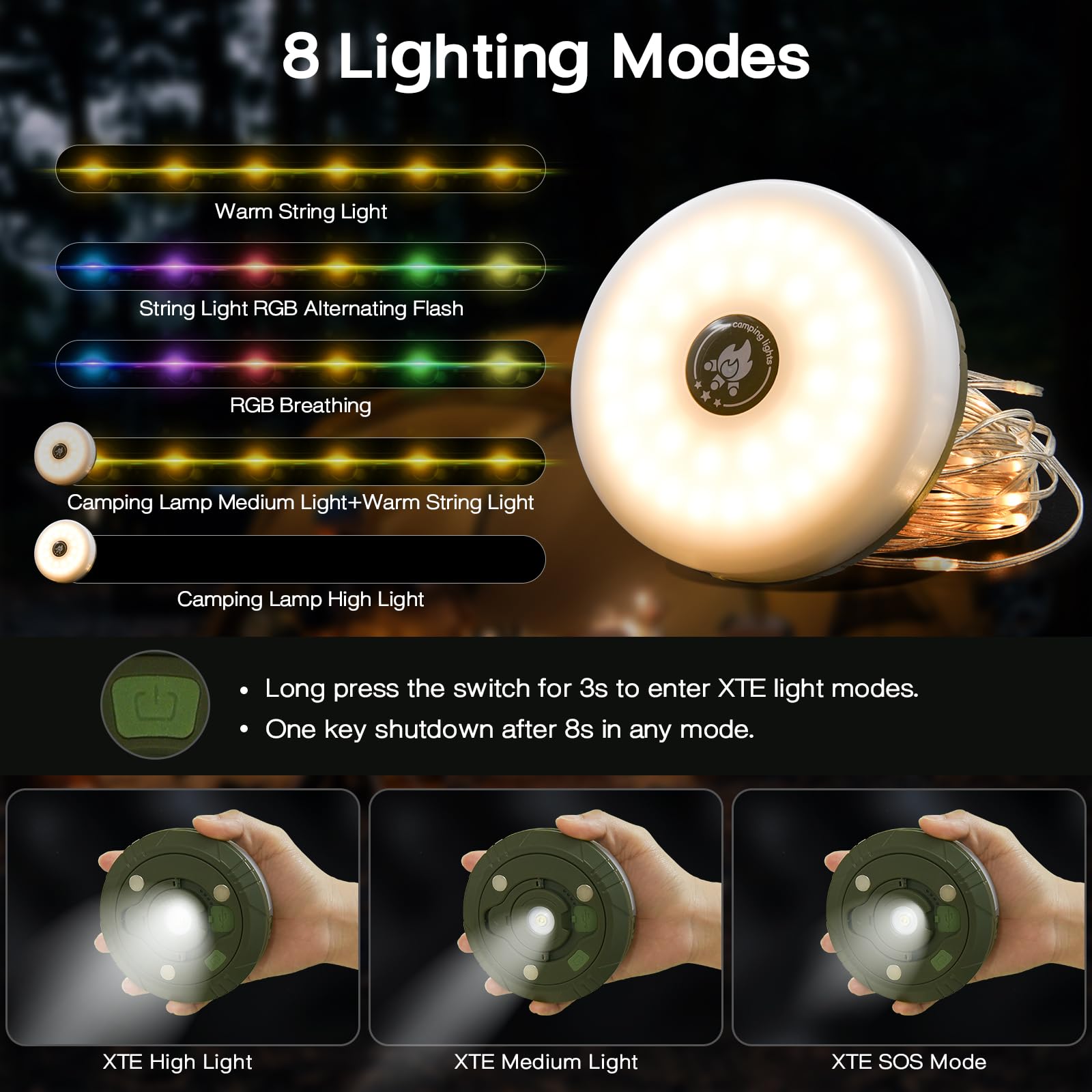 Totoppioneer Camping String Lights,3-In-1 Quick Storage 32.8Ft Rechargeable Tent Lights,8 Modes Outdoor String Lights Waterproof,Portable Retractable Camping Lantern For Hiking Awning Garden Party Festival Decor
