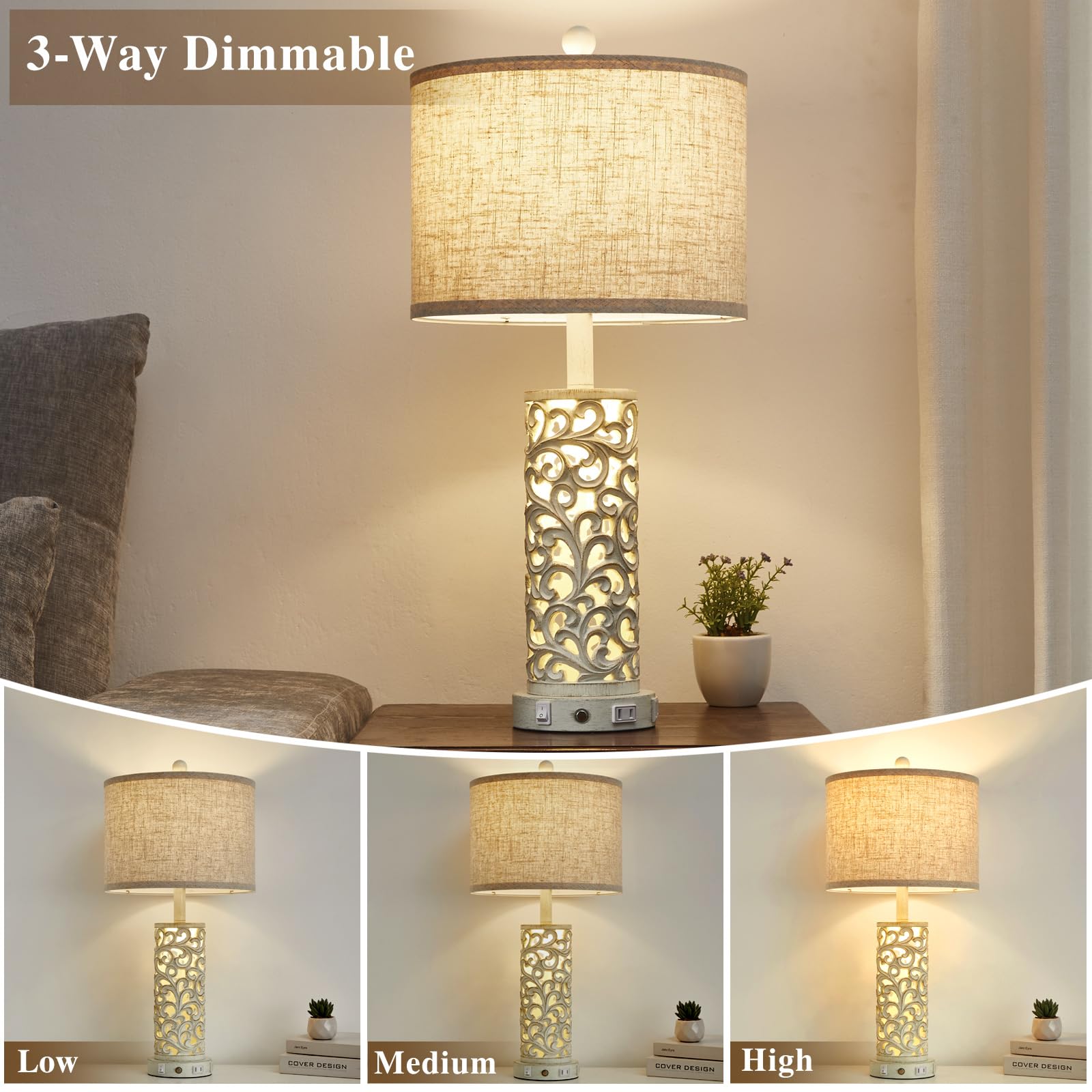 Saiweya 26" Farmhouse Table Lamp - 2 Usb A+C 3-Way Dimmable Touch Lamps With Nightlight For Living Room Bedroom Lamp Bedside Nightstand Lamps (Bulb Included)
