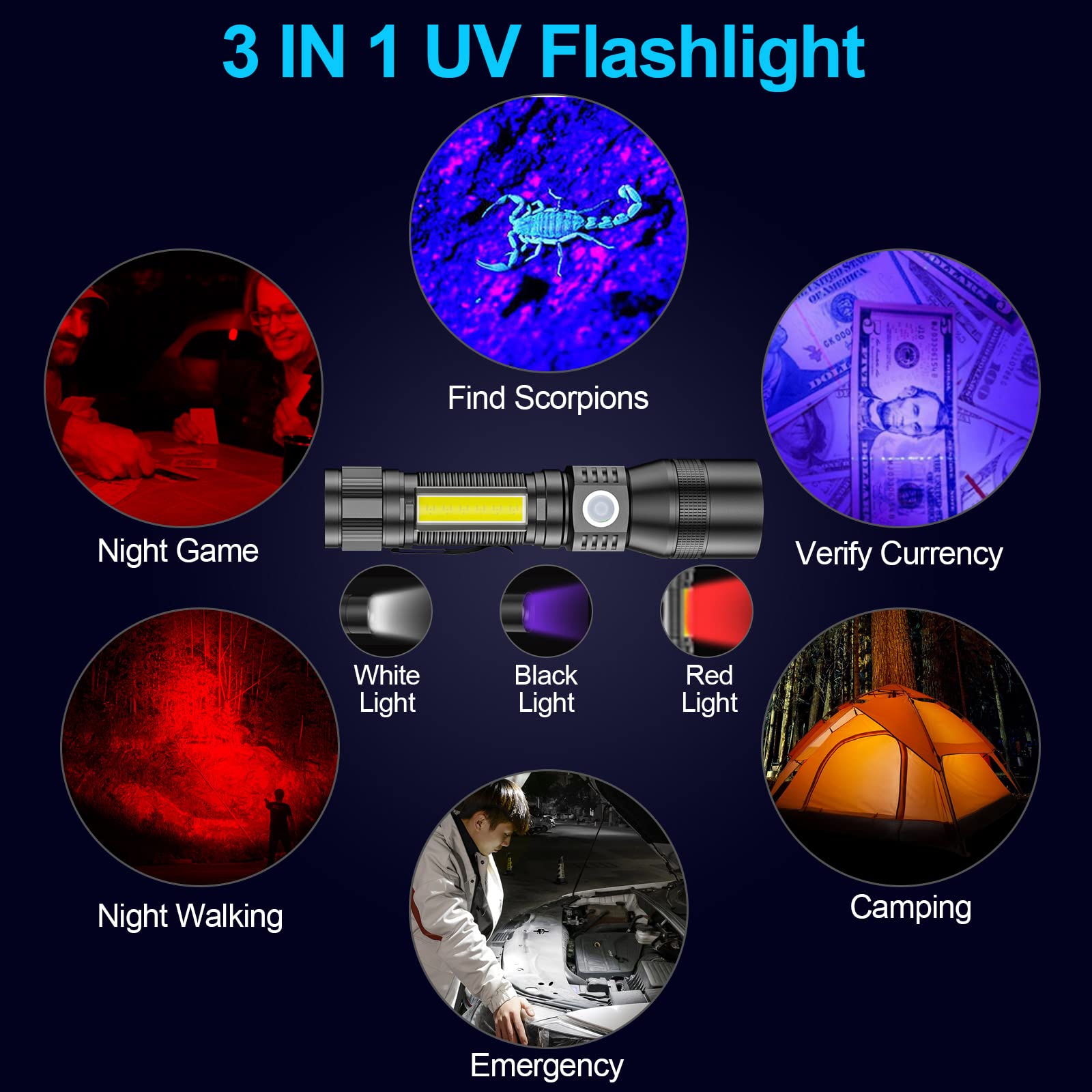 Morezra Uv Flashlight Black Light, 2 Pack 3 In 1 Super Bright Small Rechargeable Flashlights 1200 High Lumens, 7 Modes, Waterproof Magnetic Led Pocket Flash Light For Pet Urine Detection