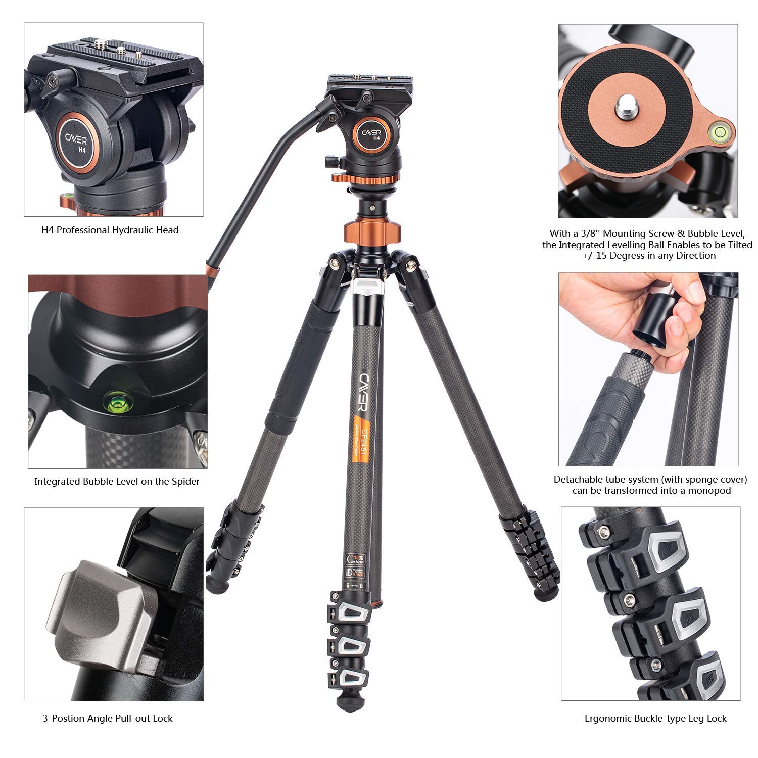 Cayer Cf2451 Carbon Fiber 67 Inches Professional Video Tripod Kit With Sv5 Monopod Feet