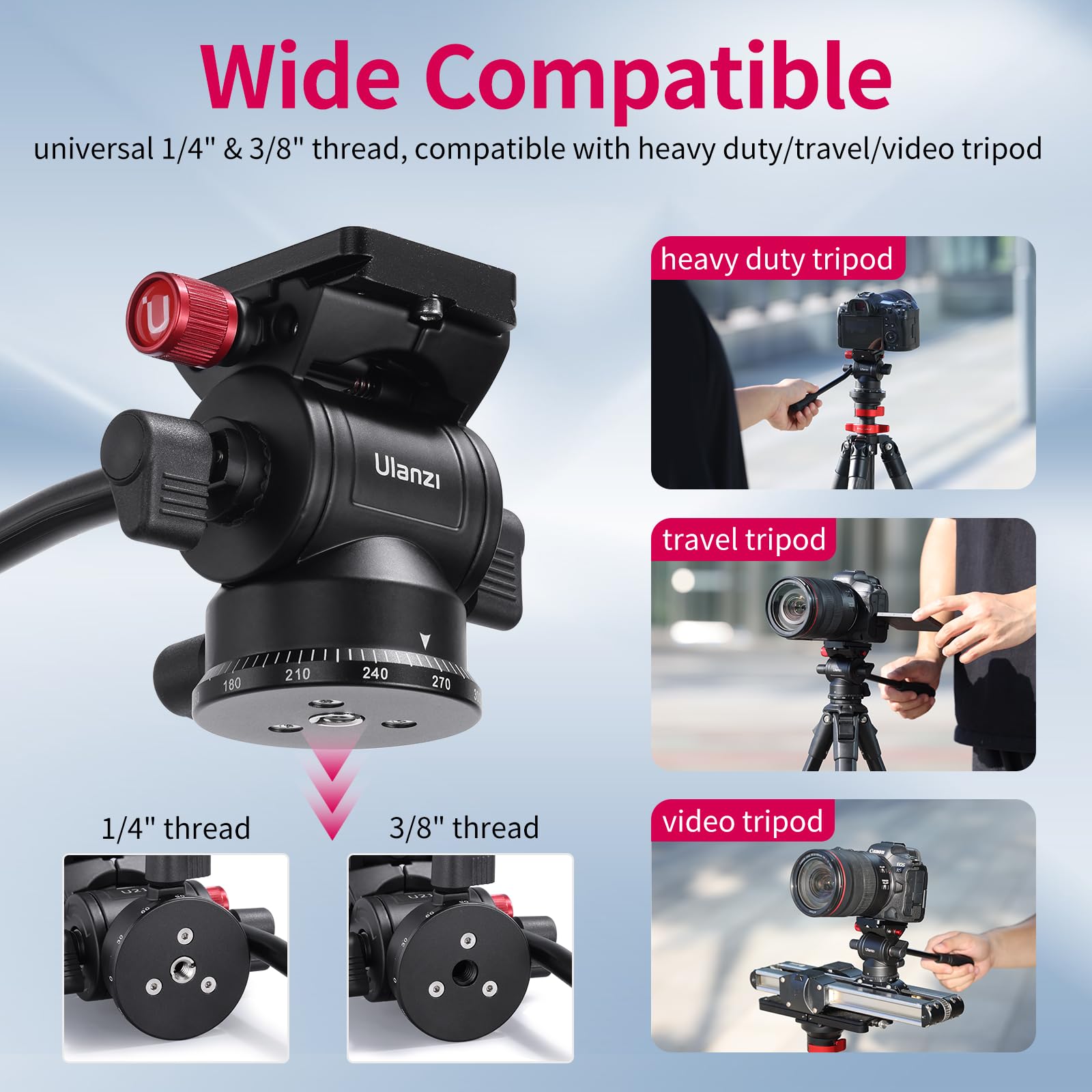 Ulanzi U210 Tripod Fluid Head, Mini Pan Tilt Head W Handle,Built-In 1/4'' & 3/8'' Adapter, Panoramic Ball Head W Arca Swiss Quick Release Plate Lightweight For Compact Camera Load Up To 11.02 Lb/5Kg