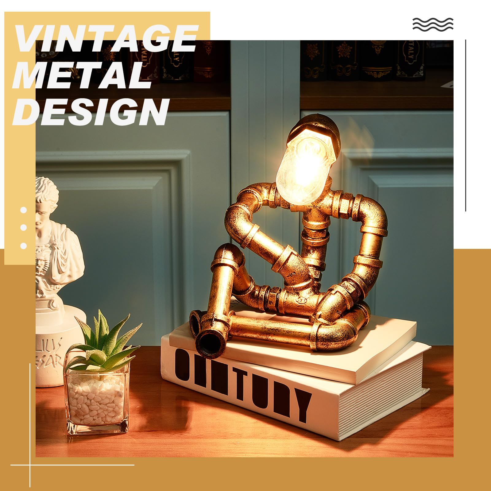 Vihose Metal Pipe Lamp Industrial Iron Robot Desk Lamp Cool Creative Robot Light For Men Office Home Restaurant Bedside Bedroom Living Room(Steampunk Style,Bronze)