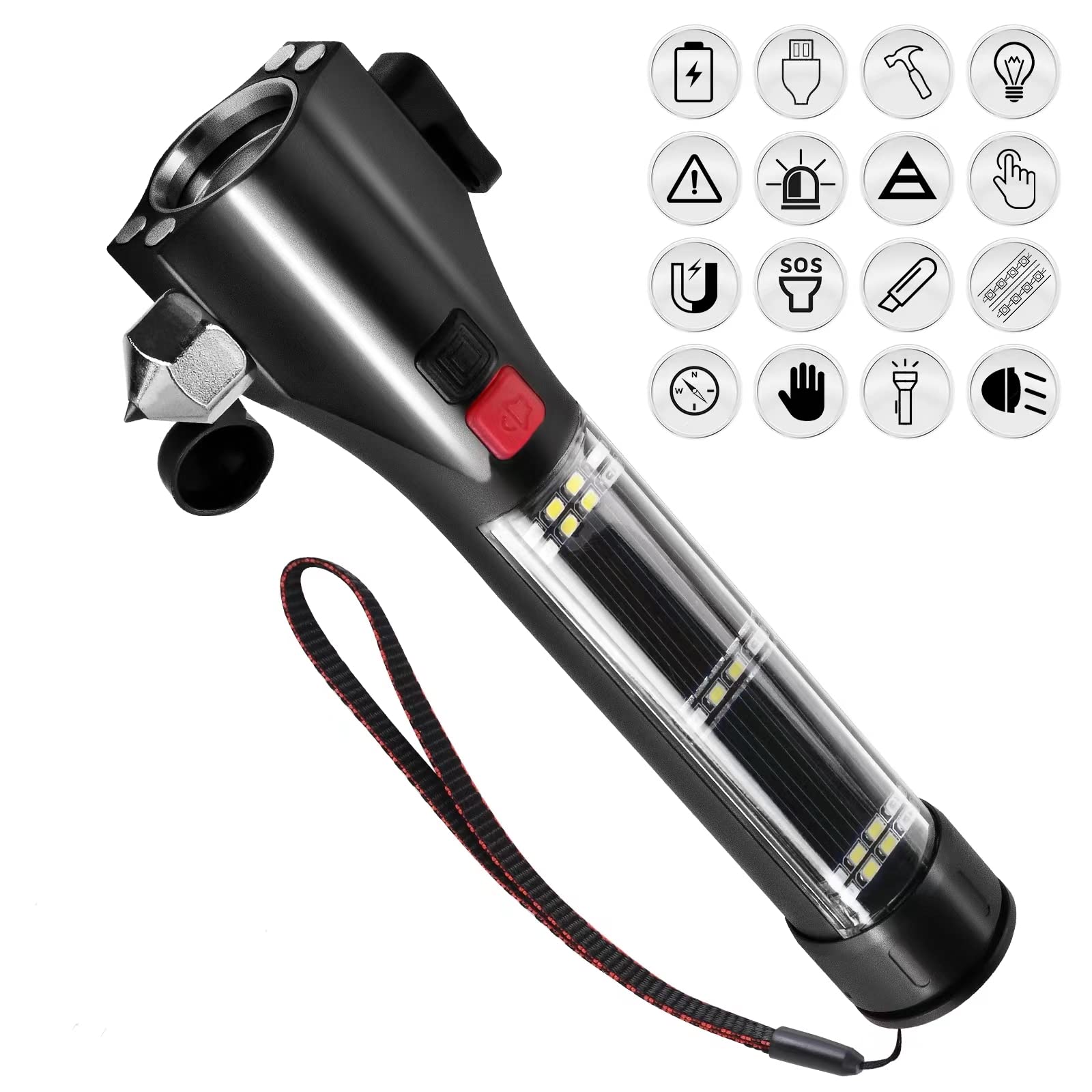 Unicumoo Solar Powered Car Safety Hammer Flashlight With Seatbelt Cutter, Led High Lumens, Red And Blue Sos Flashing, Usb Charging, Magnetic Attraction, Portable Design
