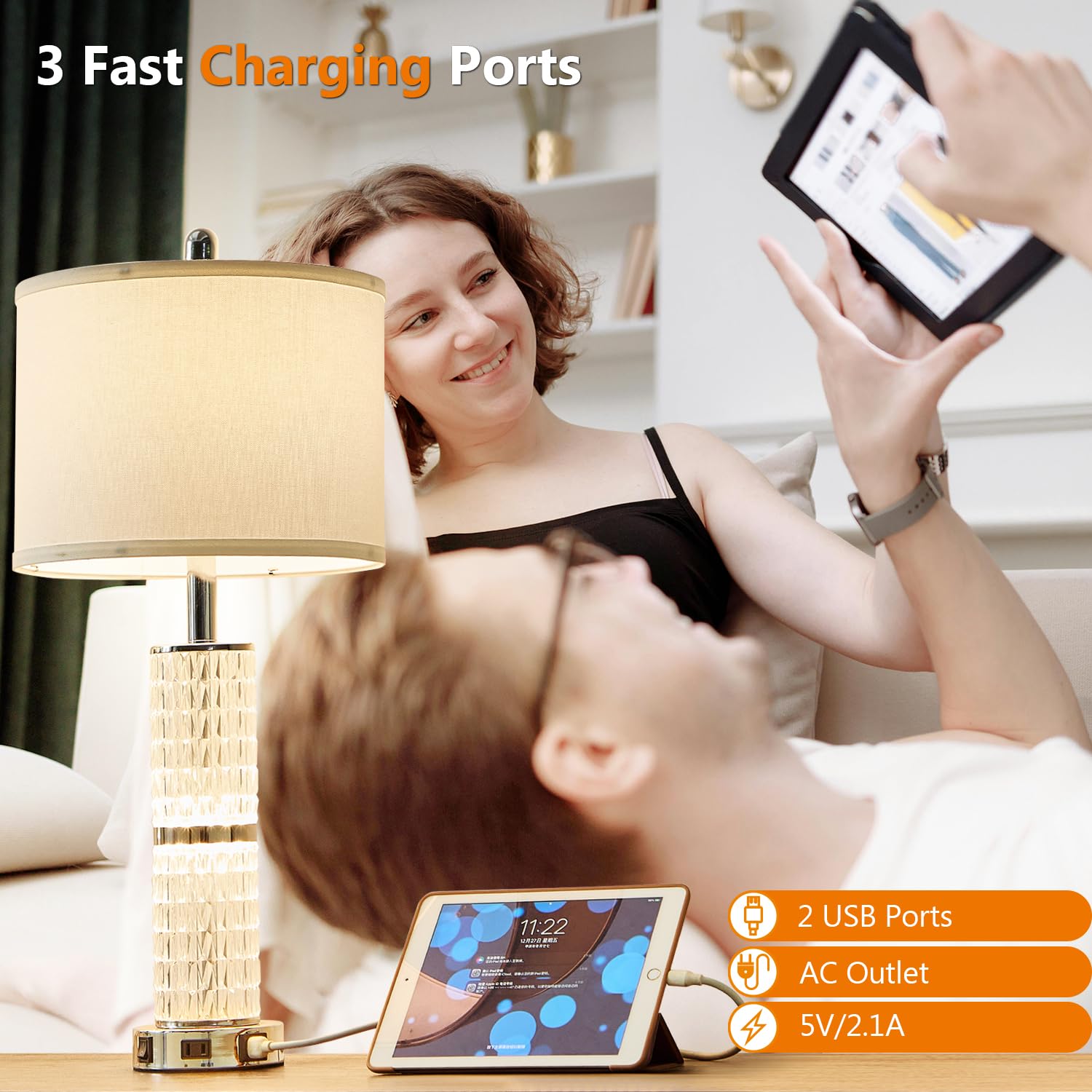 Saiweya Crystal Table Lamps Modern 3-Way Dimmable Bedside Lamp With 2 Usb Ports & Ac Outlets For Living Room Bedroom Nightstand Lamp Night Light (Silver-2 Pack)