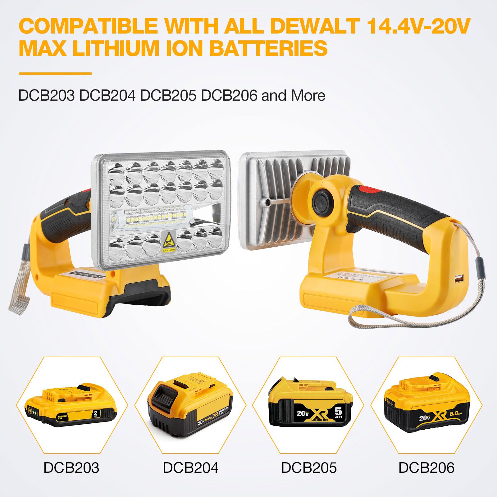 Hiesuan Led Work Light For Dewalt 20V Battery, 18W 2000Lm Flashlight Spotlight Portable Outdoor Light With 5V 2.1A Usb Port For Repairing, Garage, Camping, Jobsite