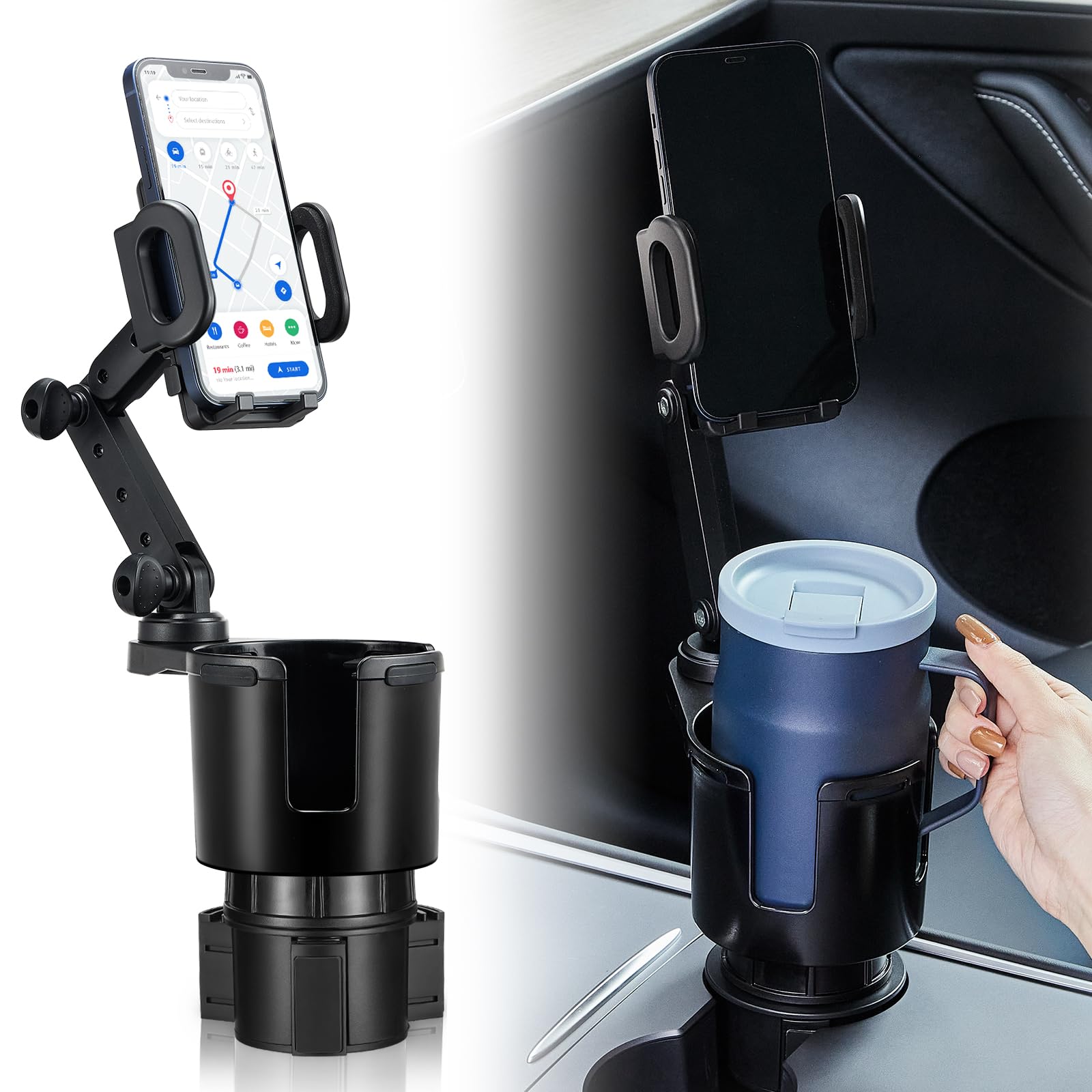 This Hill Car Cup Holder Expander Adjustable Base With Phone Mount 360° Rotation Cup Holder Cell Phone Holder For Car Compatible With Iphone All Smartphones
