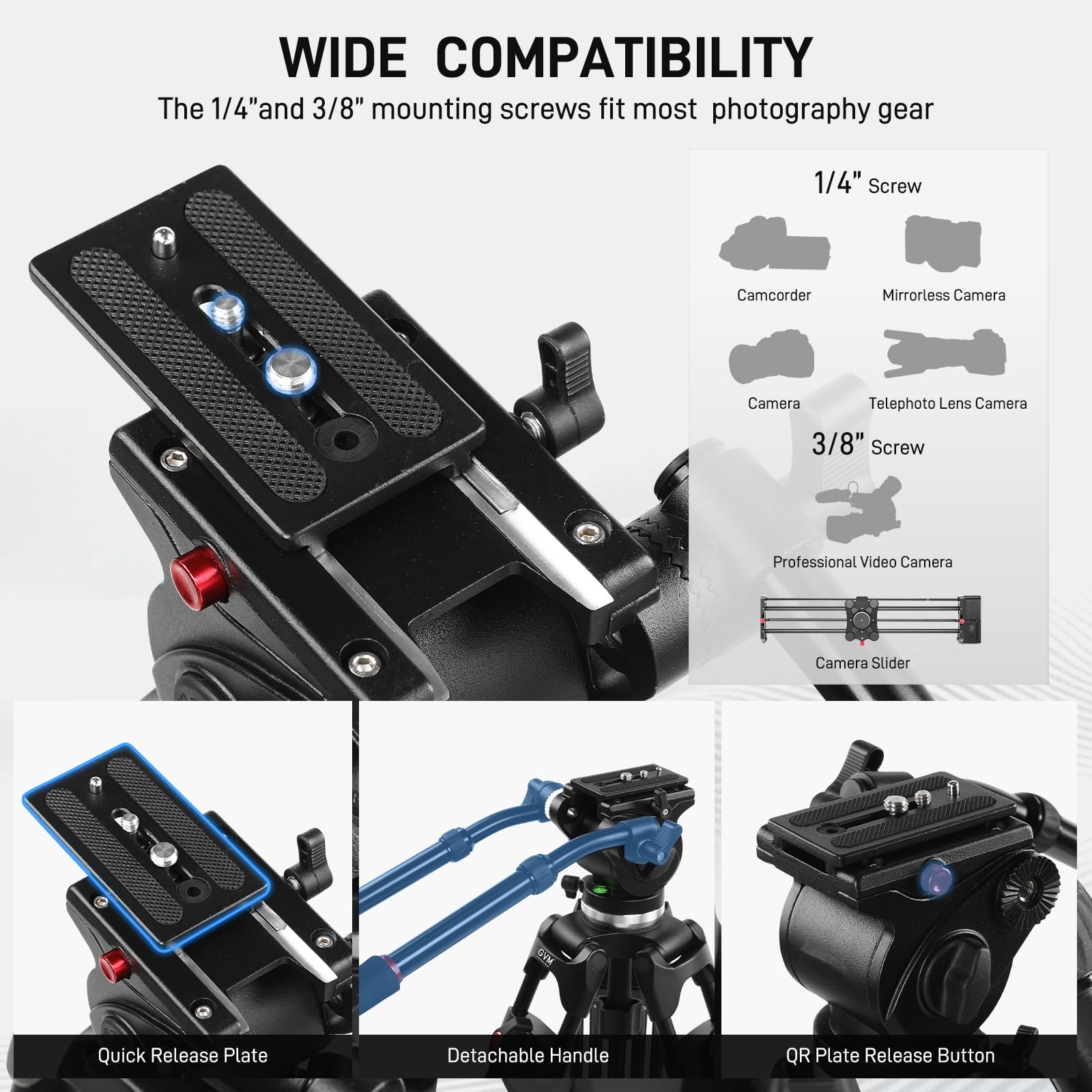 Gvm 63" Video Tripod With Fluid Head With Adjustable Damping, Heavy Duty Aluminum Alloy Tripod Stand With Base Fixed Bracket For Camcorders/Dslr, Max Load 22Lb, Compatible With Dslr Camera Camcorders