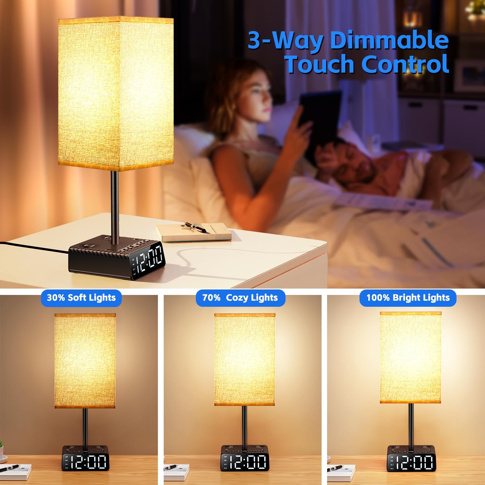 Btu Bedside Table Lamp With Alarm Clock - 3 Color Temperatures Bedside Lamps With Usb C And A Ports,Table Lamps With Ac Outlet, Nightstand Lamps For Kids Room, Living Room, College Dorm, Home, Office
